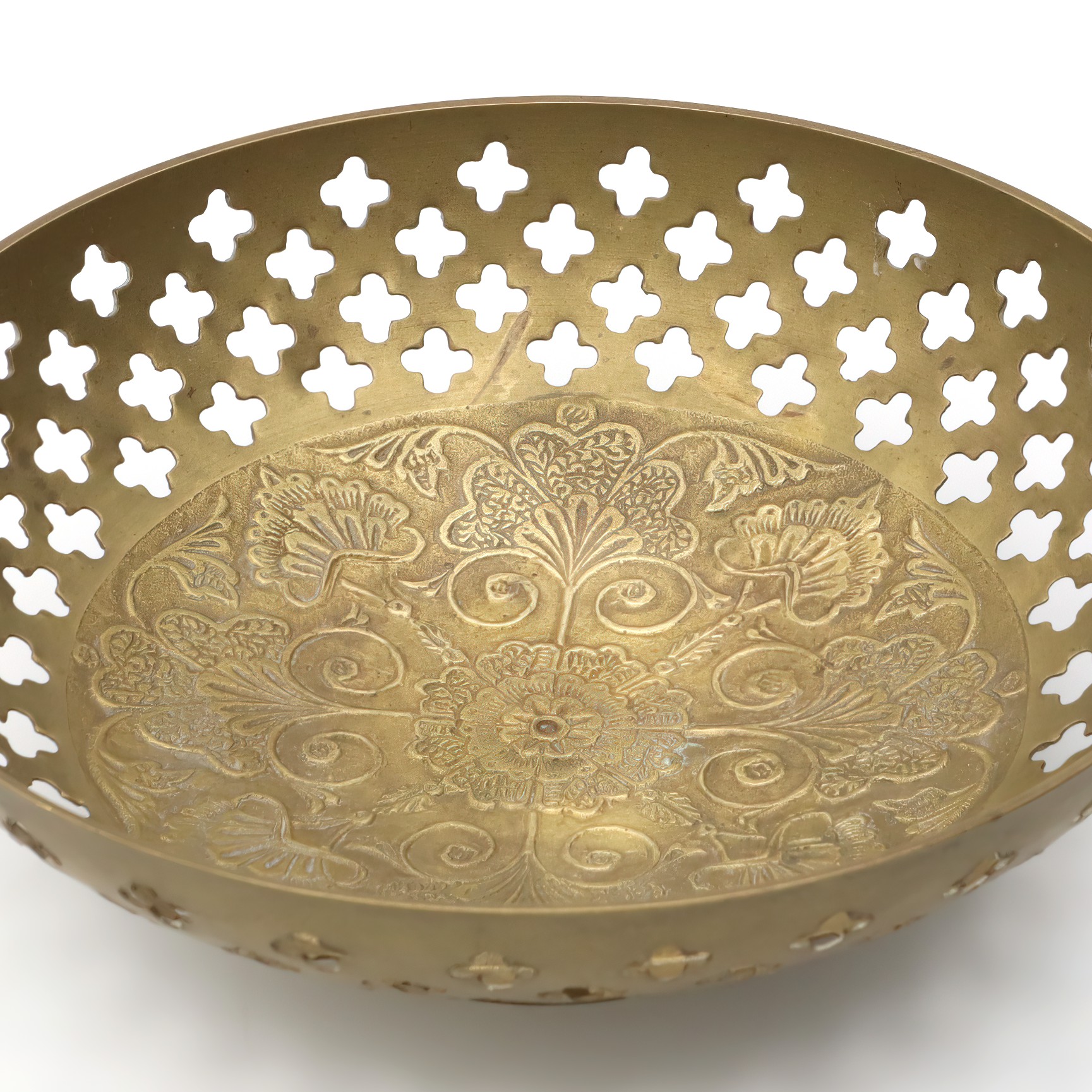 Hand Made Vintage Brass Bowl, Quatrefoil Shaped Cut Outs, Etched Floral Pattern In Center, Intricately Crafted Decorative Piece With Timeless Charm