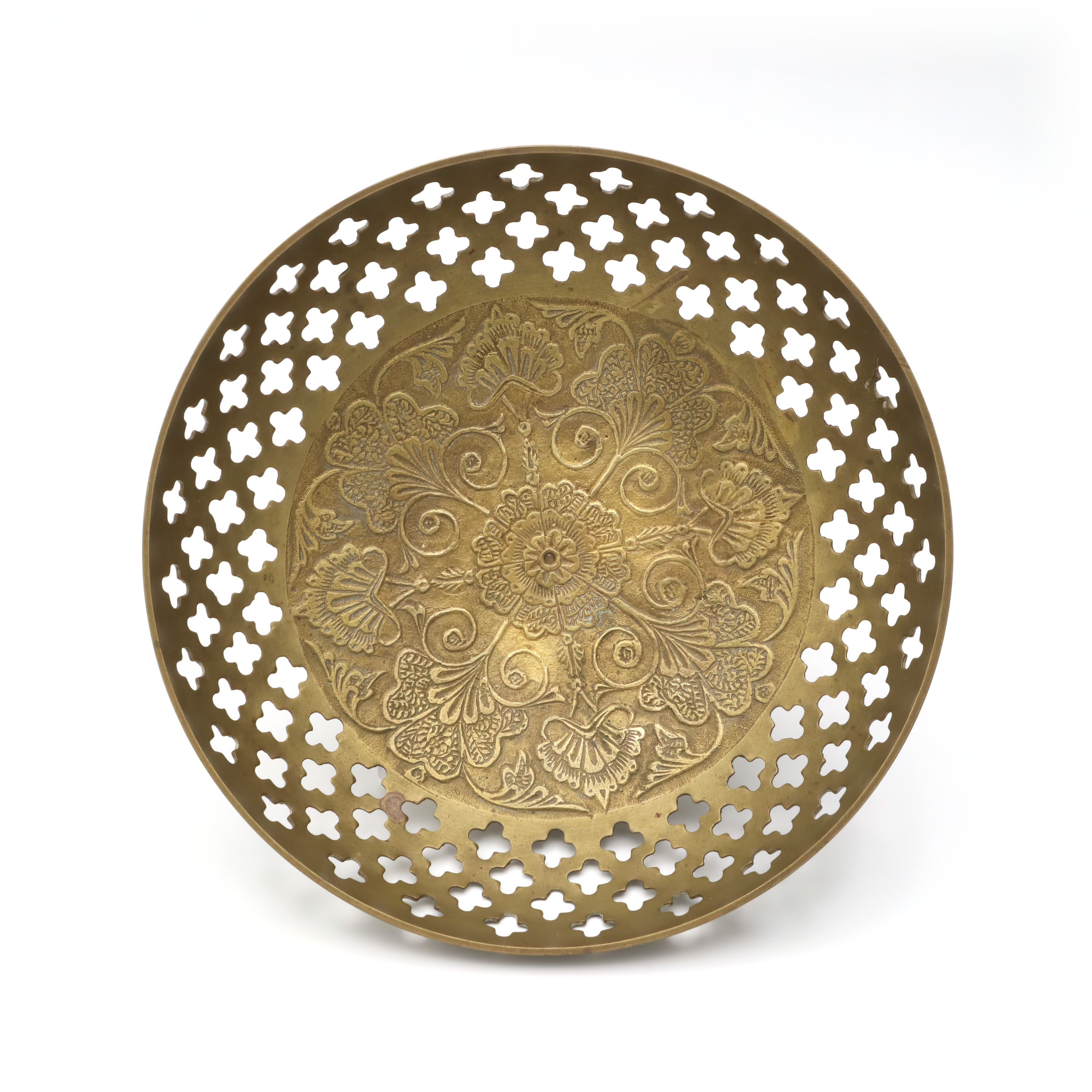 Hand Made Vintage Brass Bowl, Quatrefoil Shaped Cut Outs, Etched Floral Pattern In Center, Intricately Crafted Decorative Piece With Timeless Charm