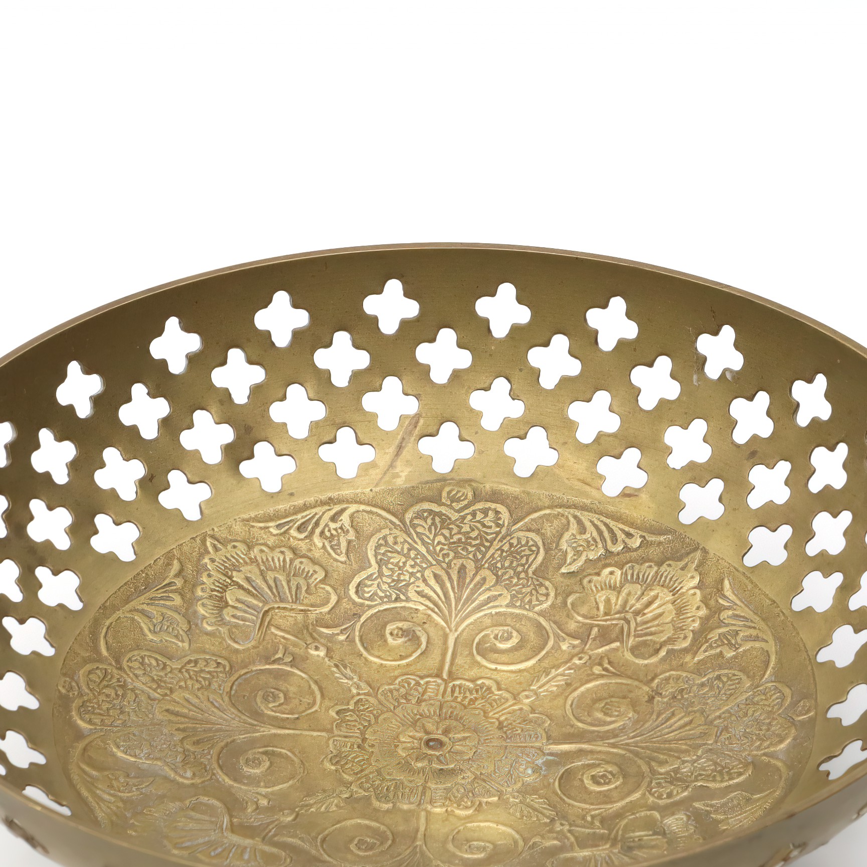 Hand Made Vintage Brass Bowl, Quatrefoil Shaped Cut Outs, Etched Floral Pattern In Center, Intricately Crafted Decorative Piece With Timeless Charm