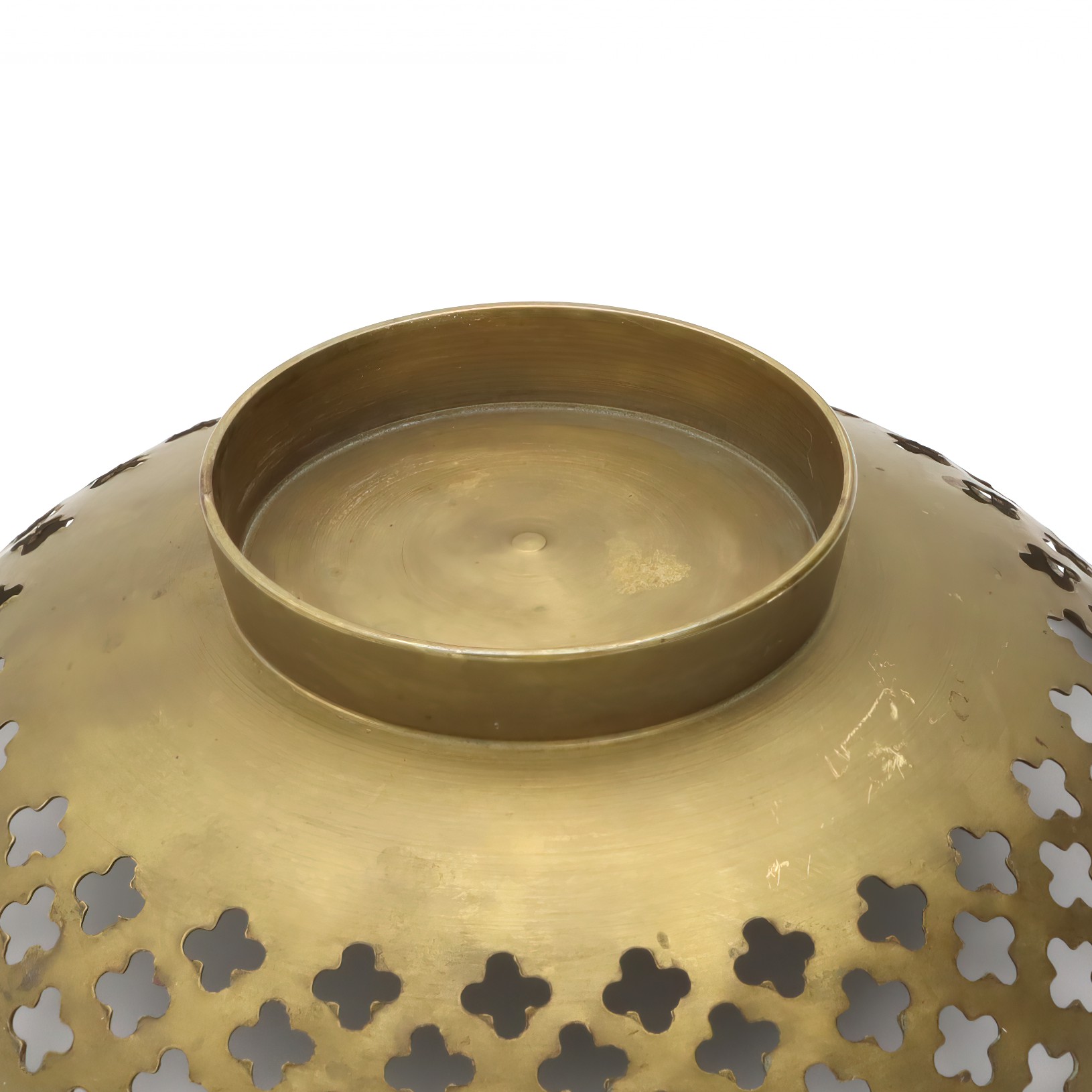 Hand Made Vintage Brass Bowl, Quatrefoil Shaped Cut Outs, Etched Floral Pattern In Center, Intricately Crafted Decorative Piece With Timeless Charm