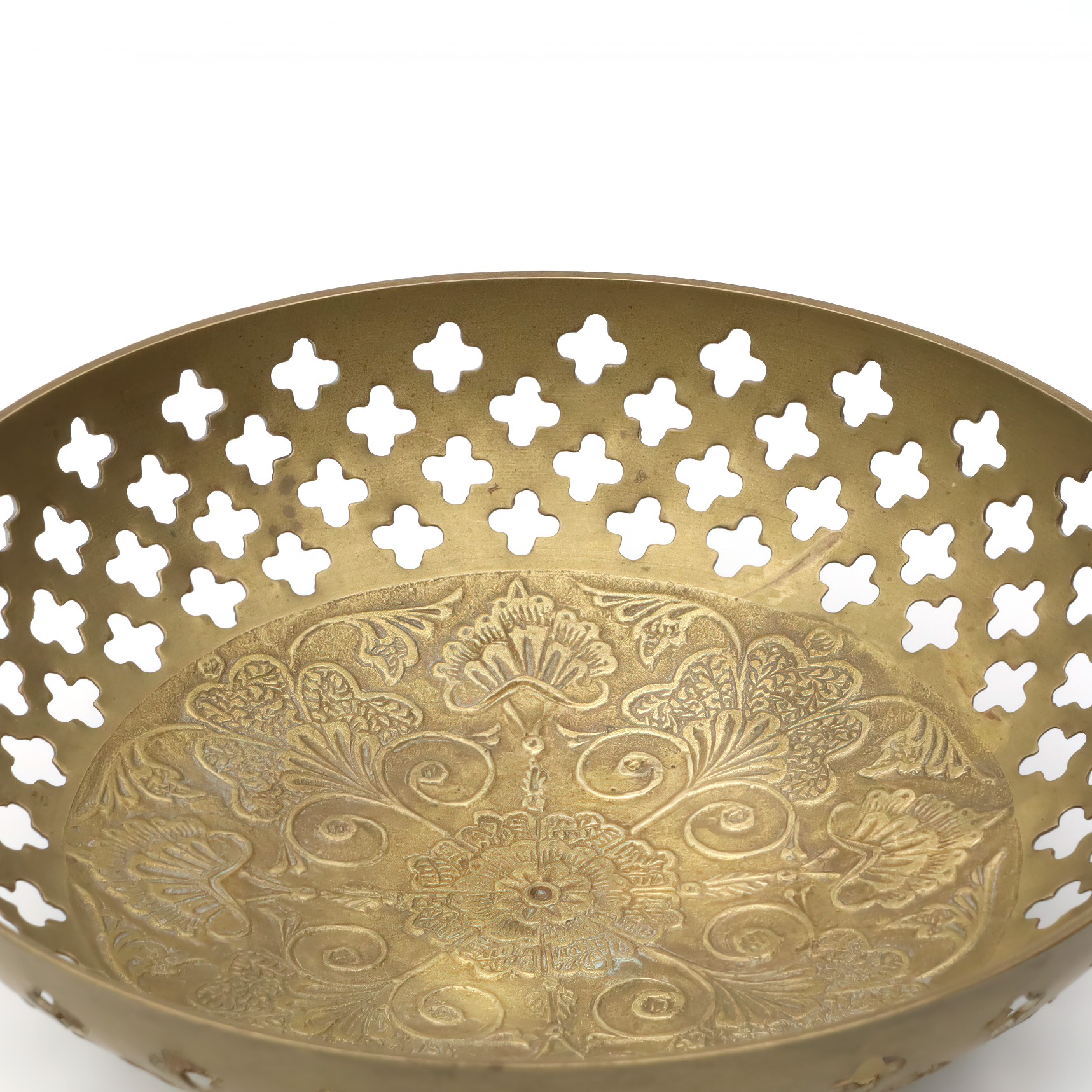 Hand Made Vintage Brass Bowl, Quatrefoil Shaped Cut Outs, Etched Floral Pattern In Center, Intricately Crafted Decorative Piece With Timeless Charm