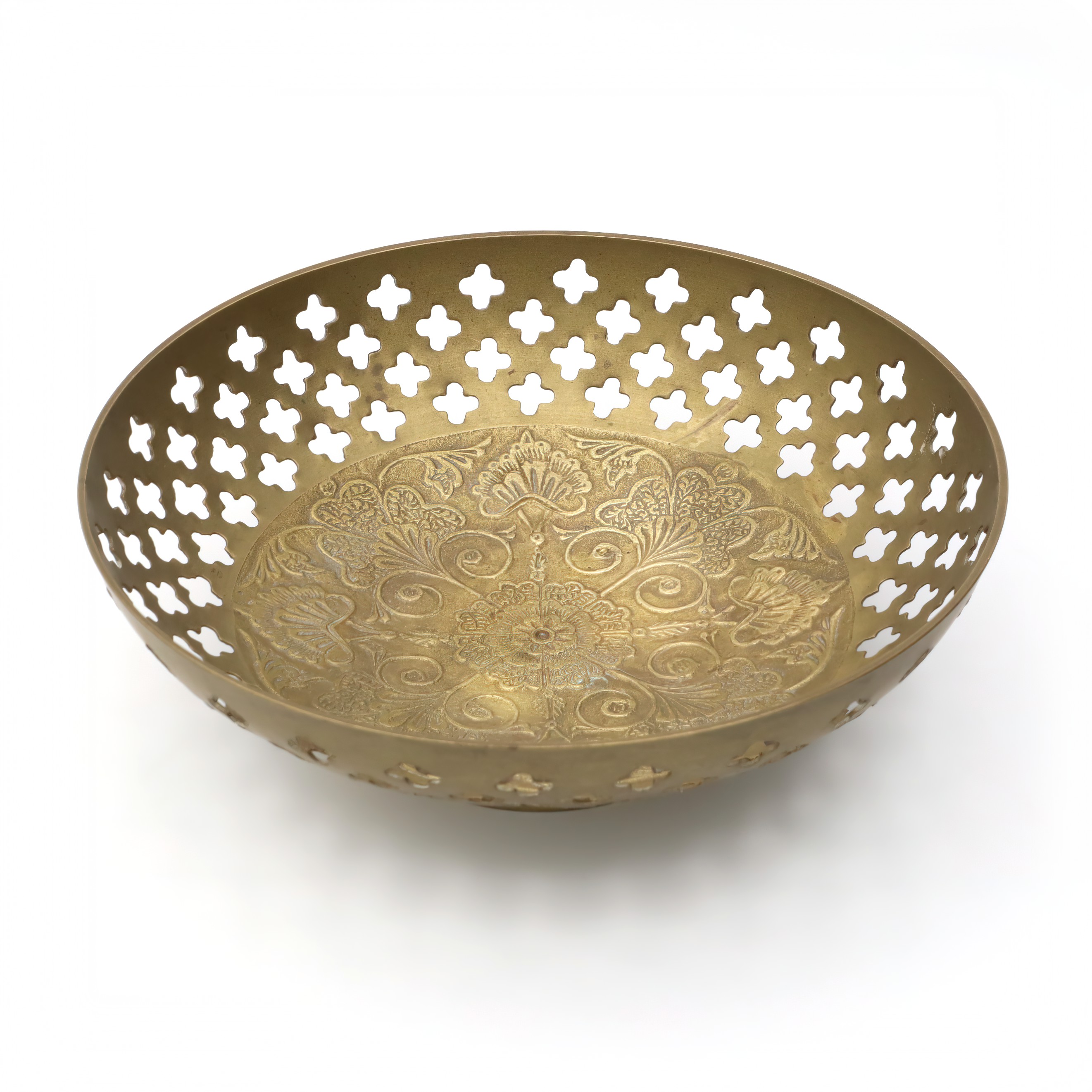 Hand Made Vintage Brass Bowl, Quatrefoil Shaped Cut Outs, Etched Floral Pattern In Center, Intricately Crafted Decorative Piece With Timeless Charm