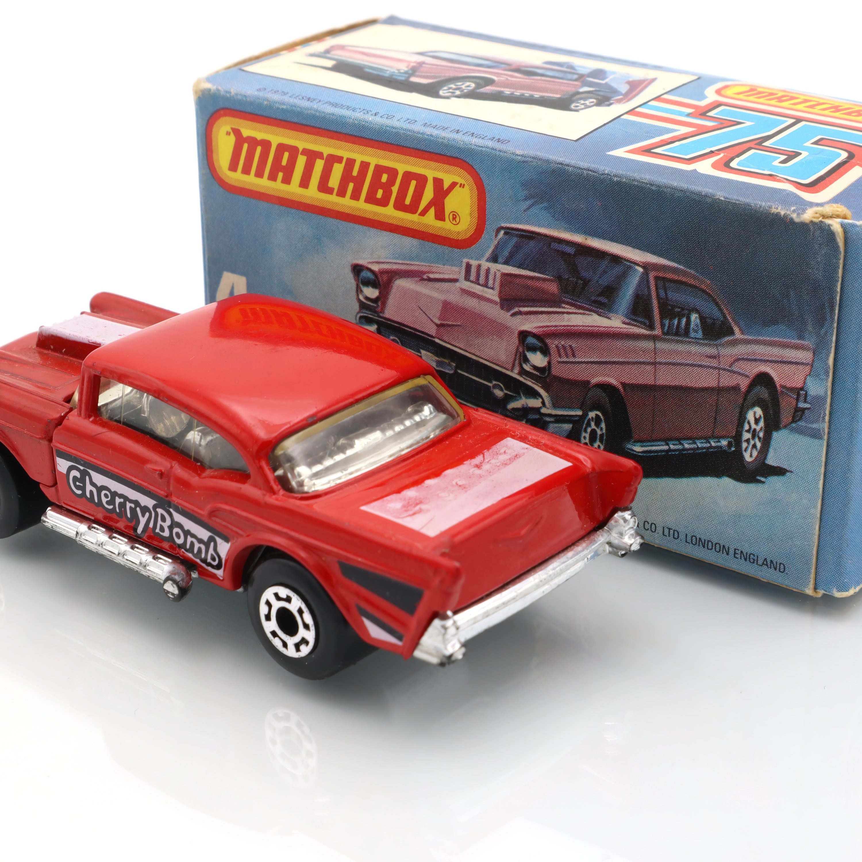Matchbox 4 ’57 Chevy Cherry Bomb - Vintage Diecast Car - Collectible Toy Car - Red Classic Car Model - Retro Matchbox Car