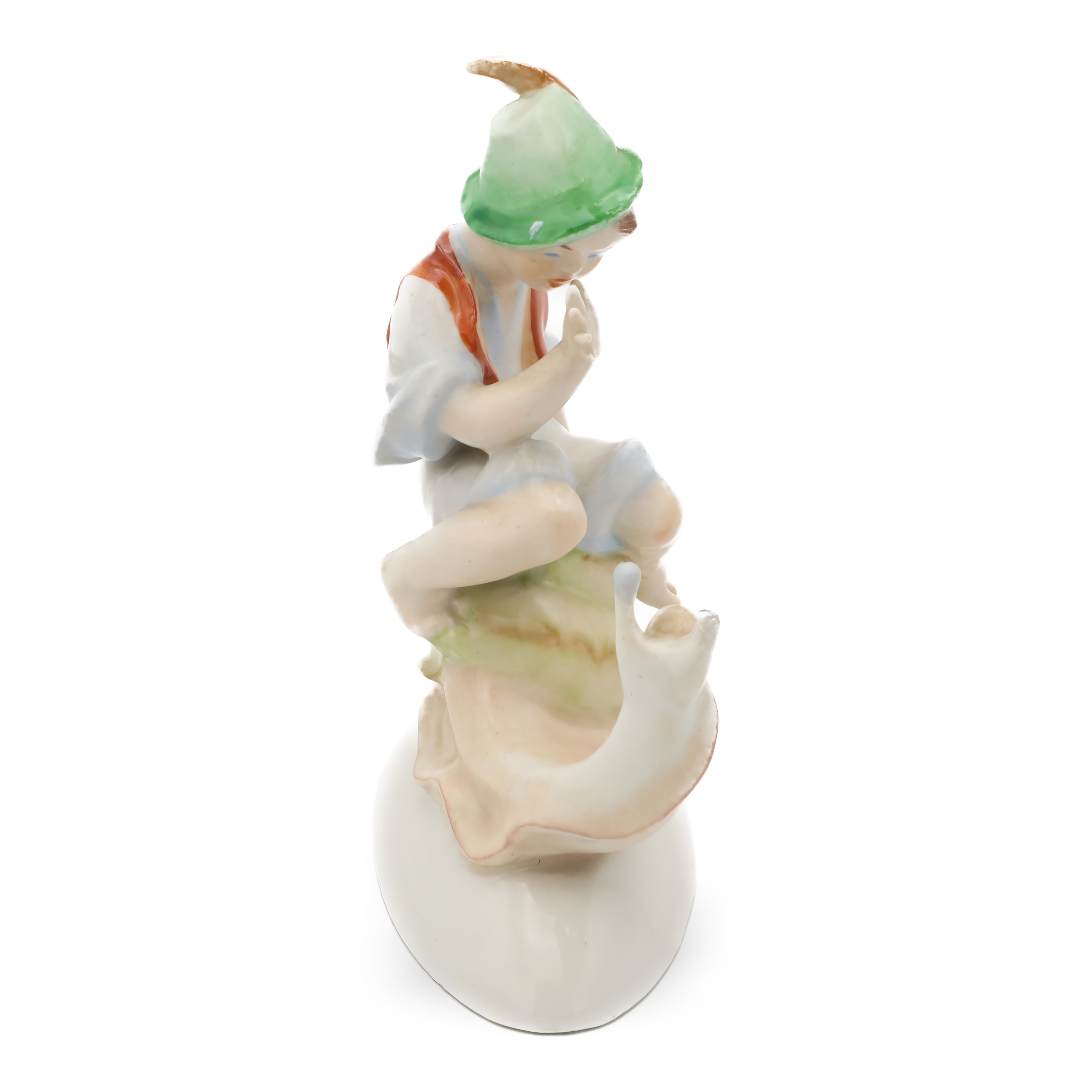 Boy Riding A Snail Figurine Detailed View Thumbnail for Boy Riding A Snail Figurine - Hand Painted Vintage Drasche Porcelain Figurine - Damaged But Beautifully Crafted