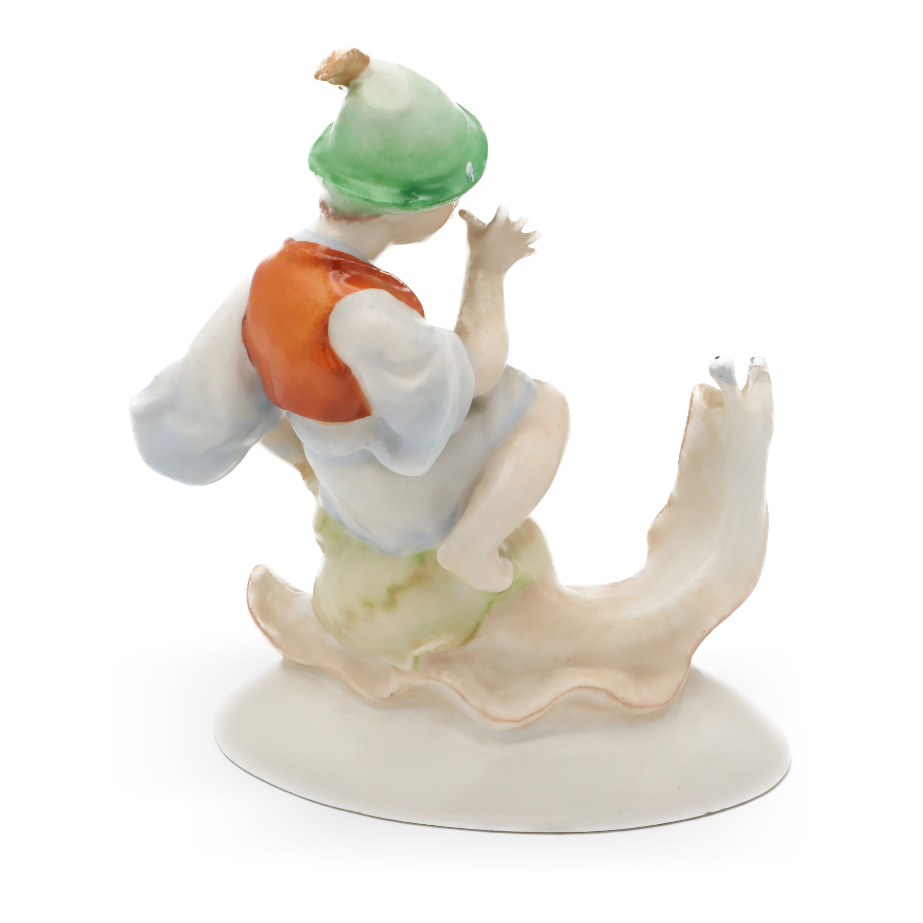Boy Riding A Snail Figurine Rear View Thumbnail for Boy Riding A Snail Figurine - Hand Painted Vintage Drasche Porcelain Figurine - Damaged But Beautifully Crafted
