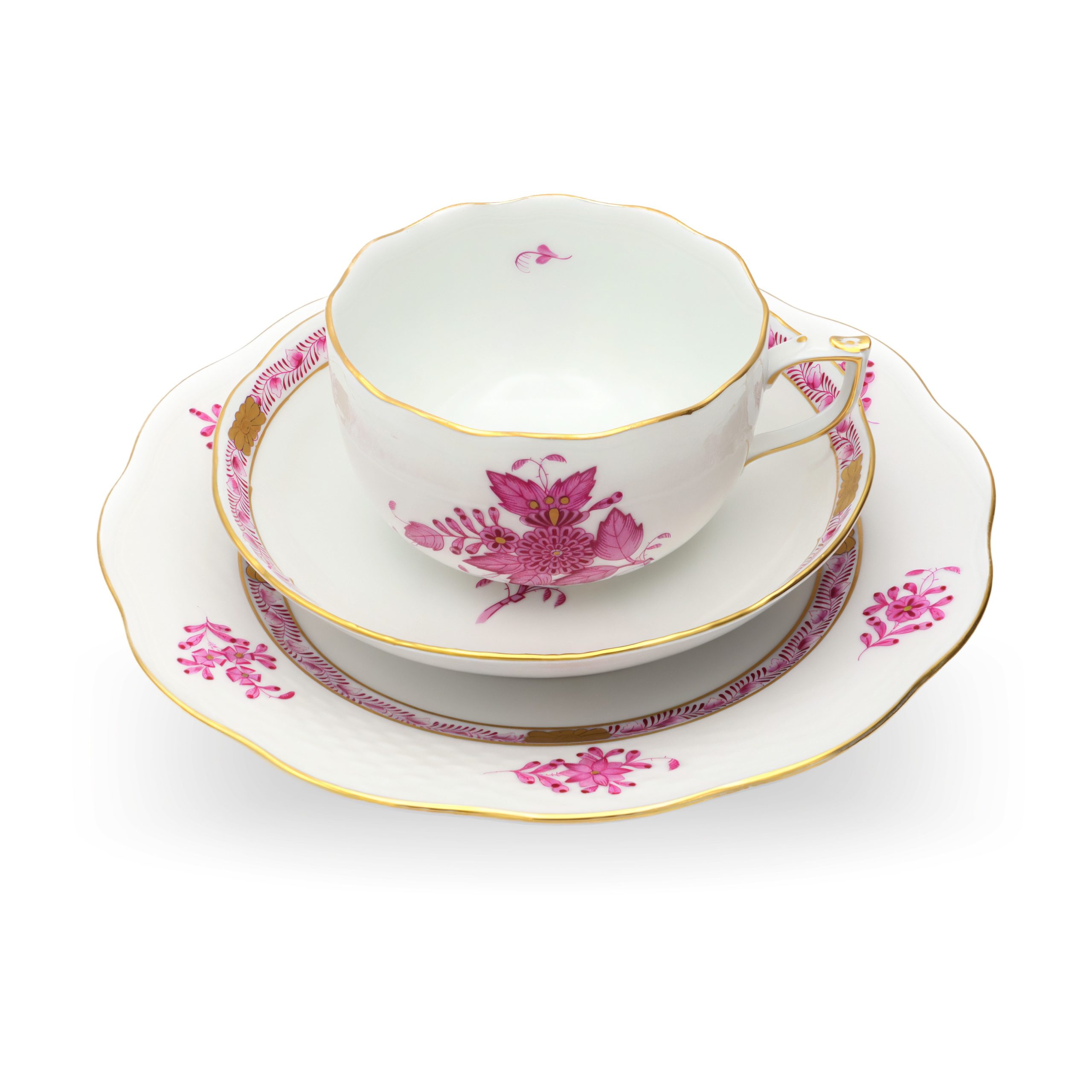 Herend Hungary Raspberry Chinese Bouquet Apponyi Tea Cup - Saucer - Desert Plate Set