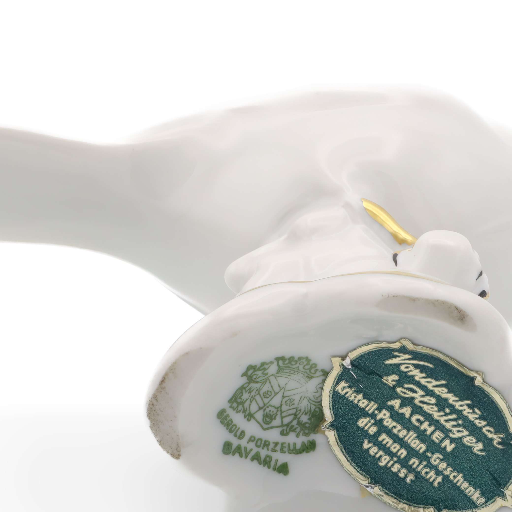 White Porcelain Bird Figurine Base Detailed View - Gerold Porcelain Bavaria Vintage Collectors Item Thumbnail for White Porcelain Bird Figurine - Golden Accents - Retired Collectors Item - Gerold Porcelain Bavaria - Vintage Home Decor