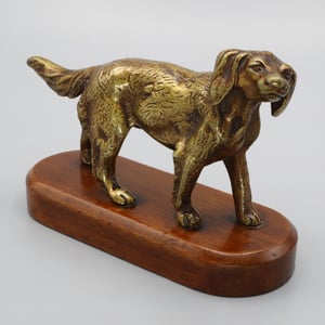 Vintage Solid Bronze Hunting Dog Figurine On Wooden Base - Setter-Spaniel Style 1960s Vintage - Mid Century Dog Sculpture
