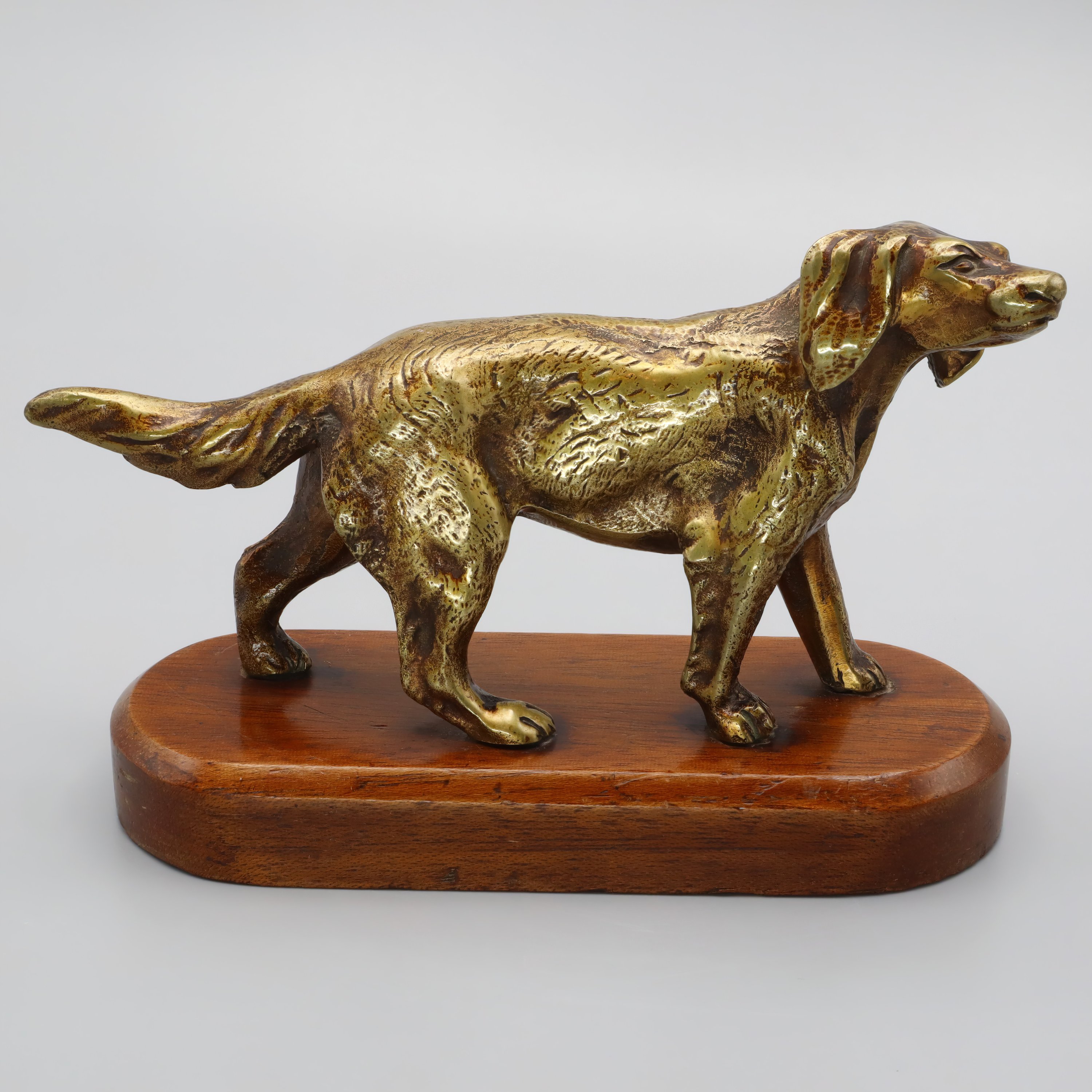 Vintage Solid Bronze Hunting Dog Figurine On Wooden Base - Setter-Spaniel Style 1960s Vintage - Mid Century Dog Sculpture