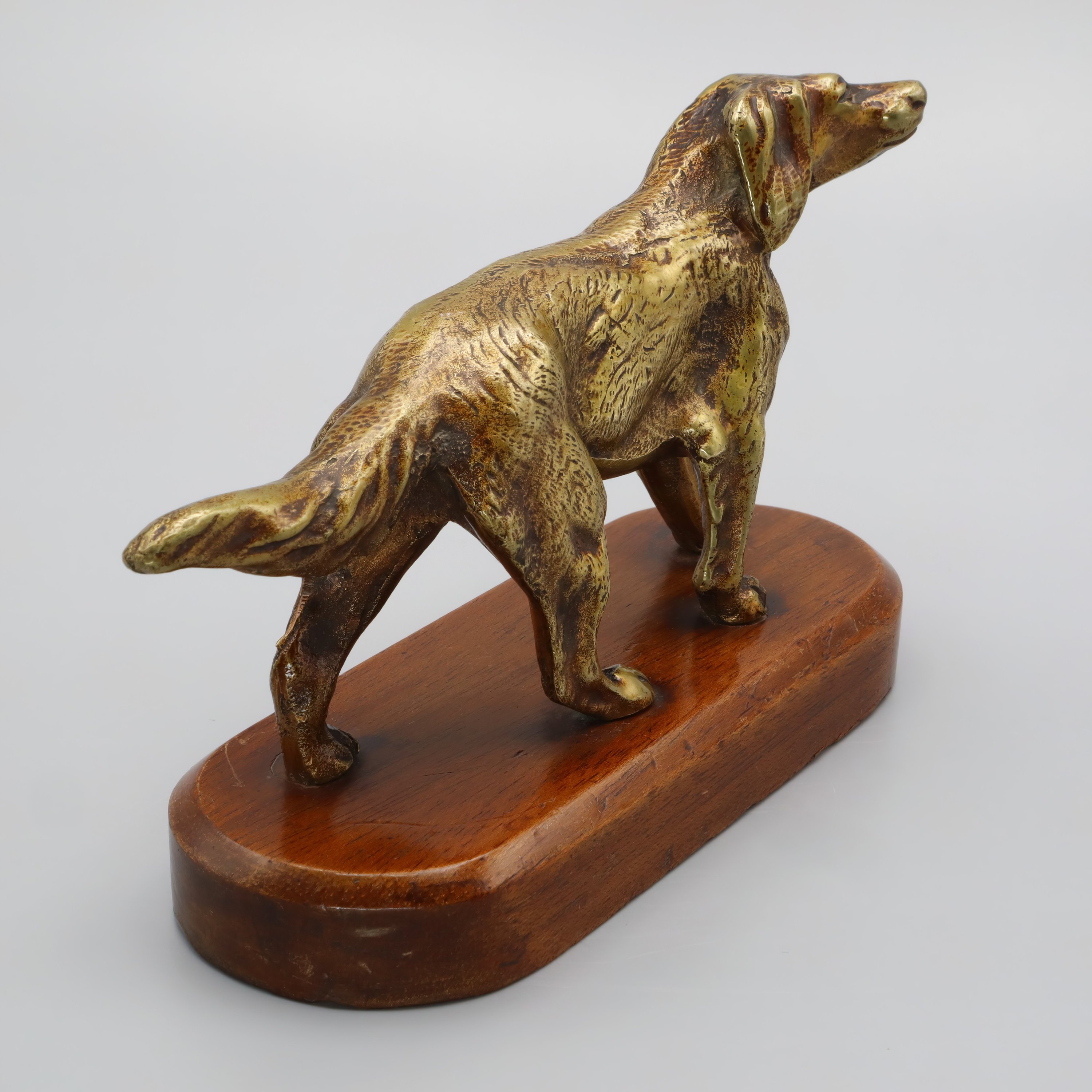 Vintage Solid Bronze Hunting Dog Figurine On Wooden Base - Setter-Spaniel Style 1960s Vintage - Mid Century Dog Sculpture