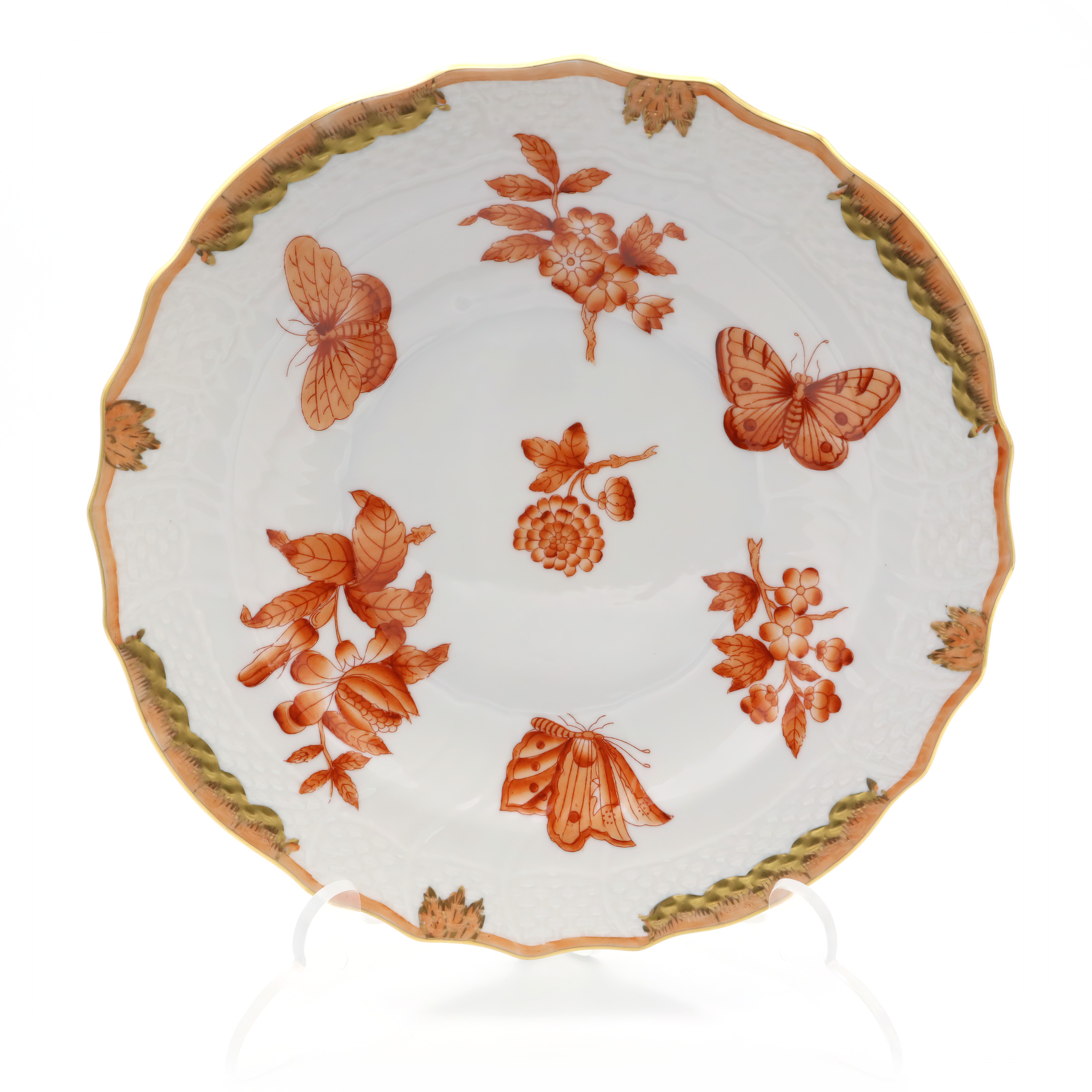 Herend Fortuna salad plate vintage porcelain hand painted with orange floral and butterfly design detailed view