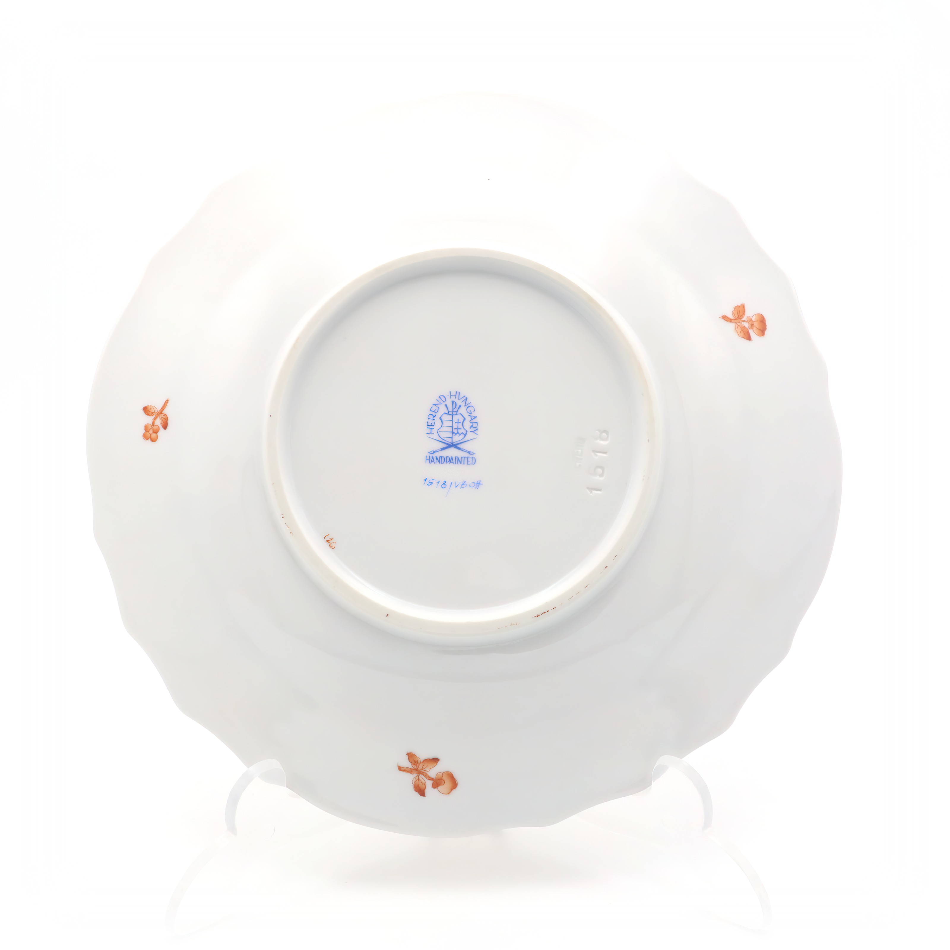 Herend Fortuna salad plate vintage porcelain hand painted, detailed view of bottom with maker's mark and floral accents