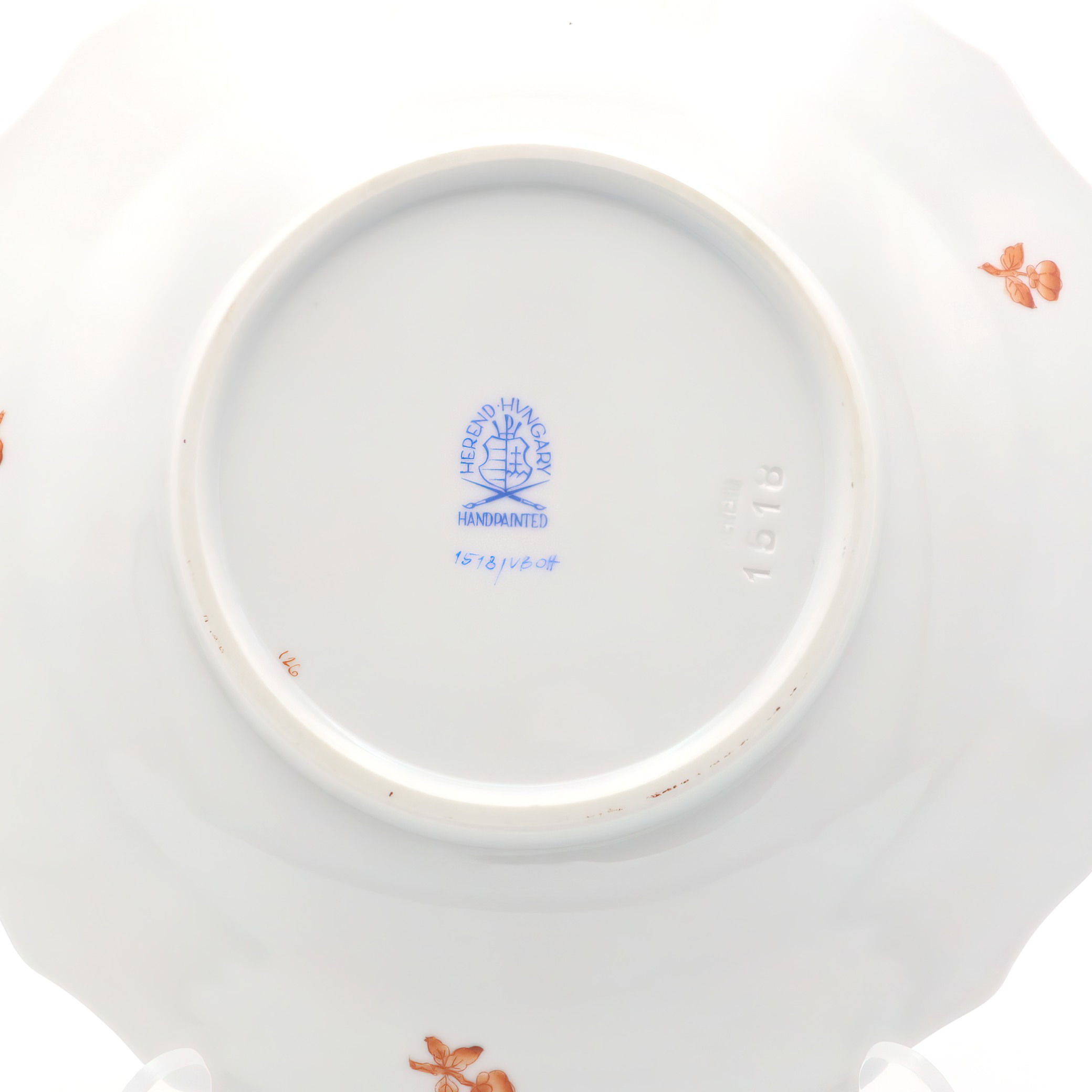 Herend Fortuna salad plate vintage porcelain hand painted base with Herend Hungary hallmark and detailed close up of bottom