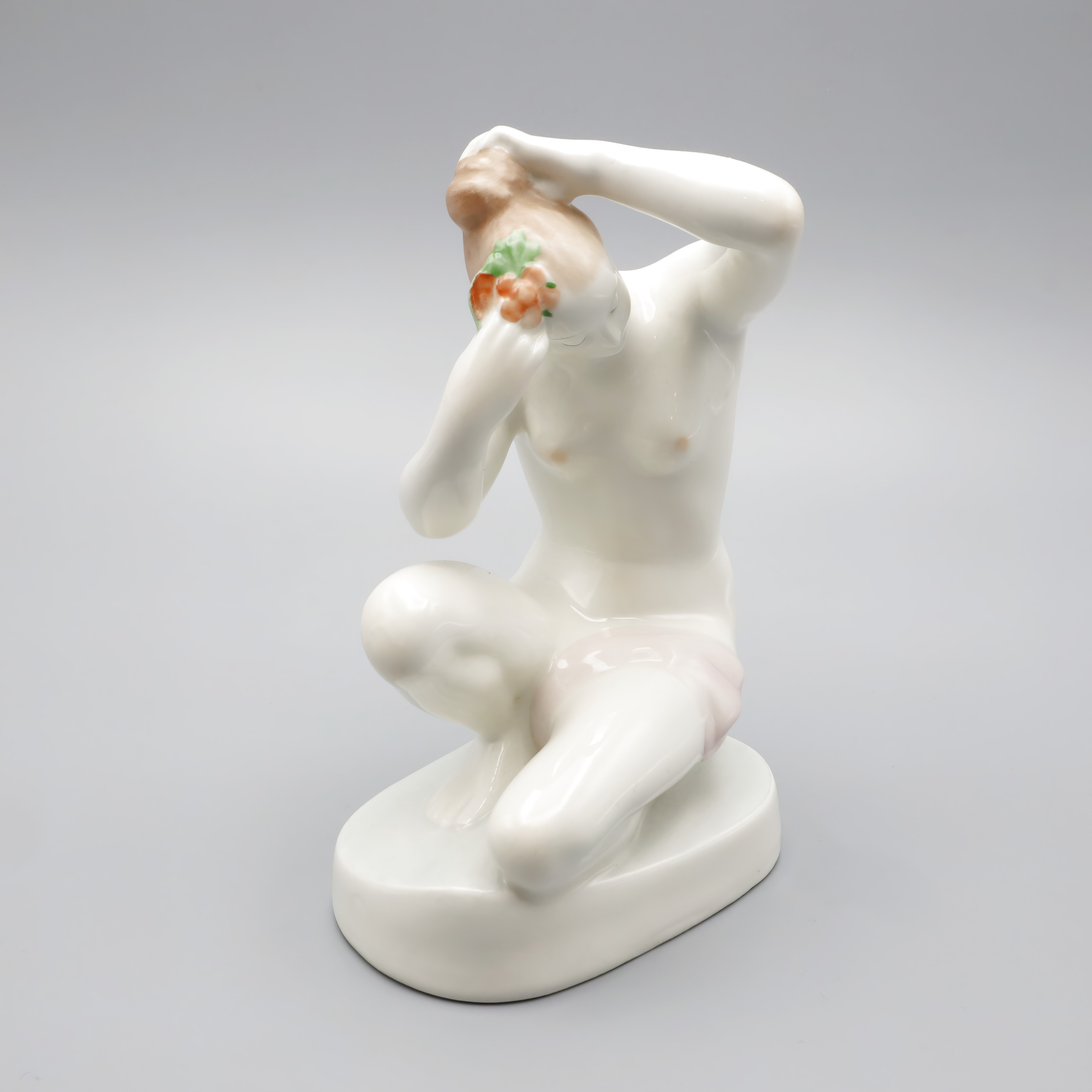 Porcelain Nude Lady Figurine Kneeling with Flower Thumbnail for Nude Lady Figurine - Ariadne Combing - Dressing Woman Vintage Aquincum Porcelain 1970s - Collectible Porcelain Figurine - Mid-century Decor