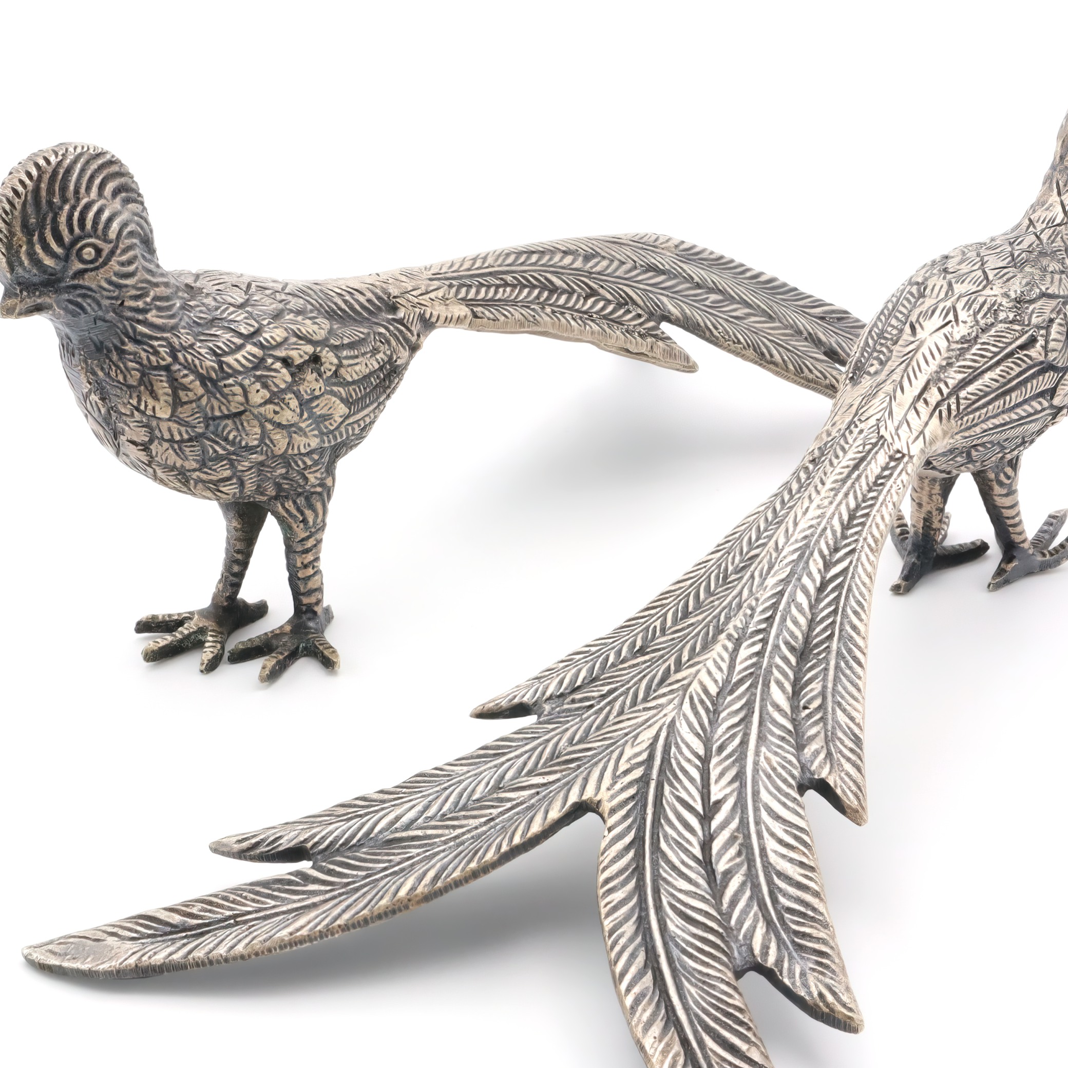 Detailed View Vintage Metal Pheasant Figurines Close Up Thumbnail for Vintage Metal Pheasant Figurines - Table Decoration - For Bird Lovers - Rustic Home Decor - Pair Of Pheasants - Animal Collectibles