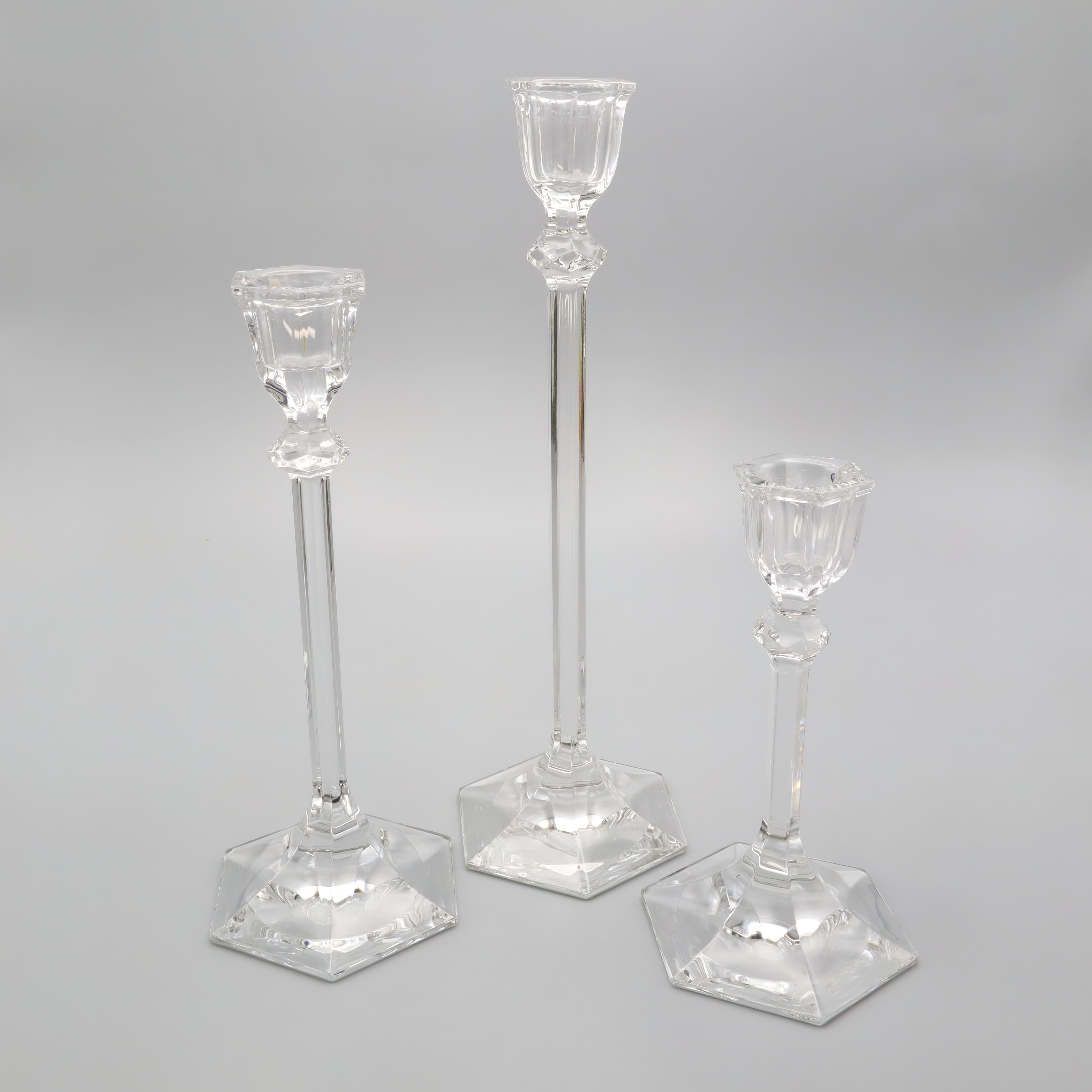 Set Of Art Deco Crystal Glass Candlesticks - Modernist Candelabre Set Of 3 - Vintage Candle Holders - Geometric Glass Decor
