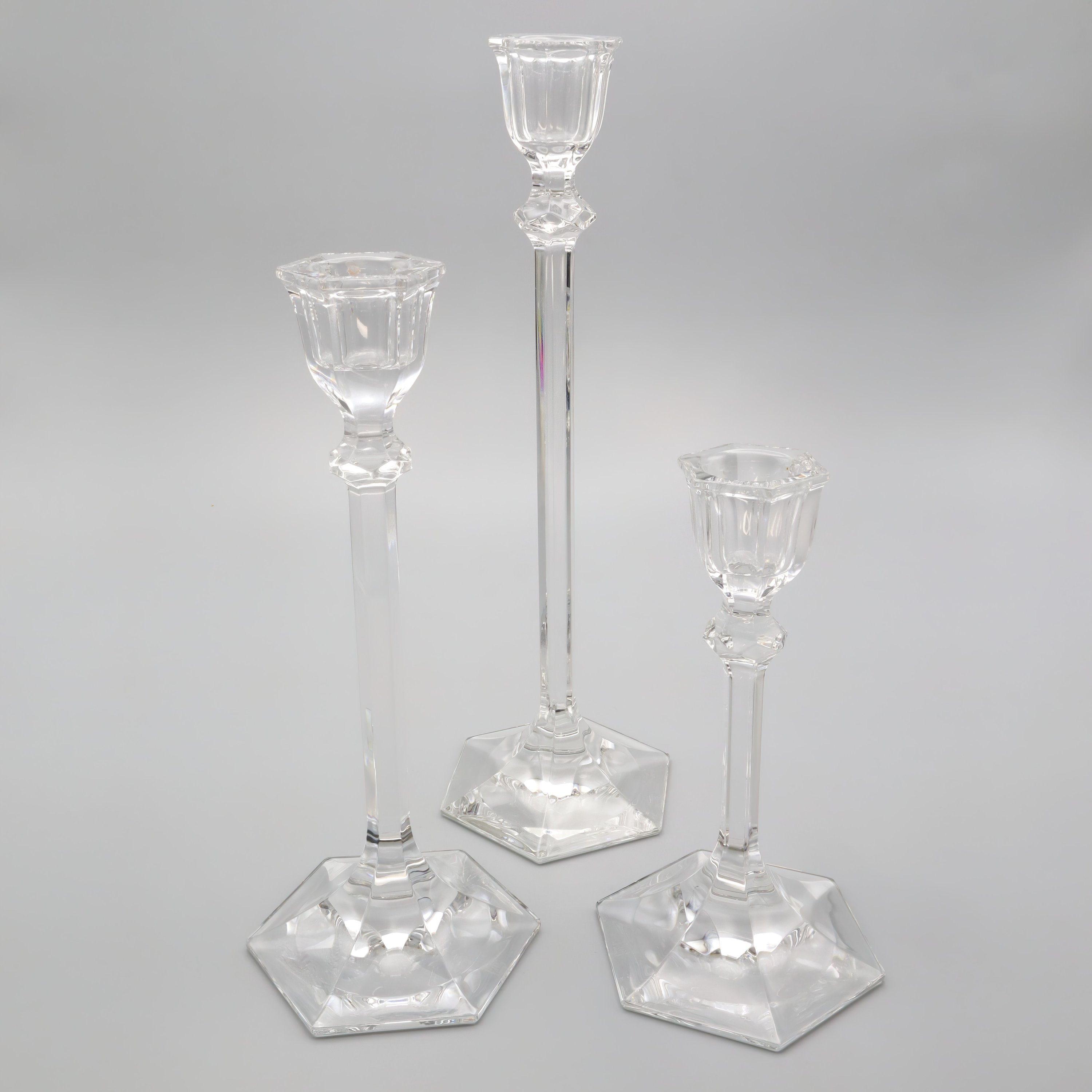 Set Of Art Deco Crystal Glass Candlesticks - Modernist Candelabre Set Of 3 - Vintage Candle Holders - Geometric Glass Decor