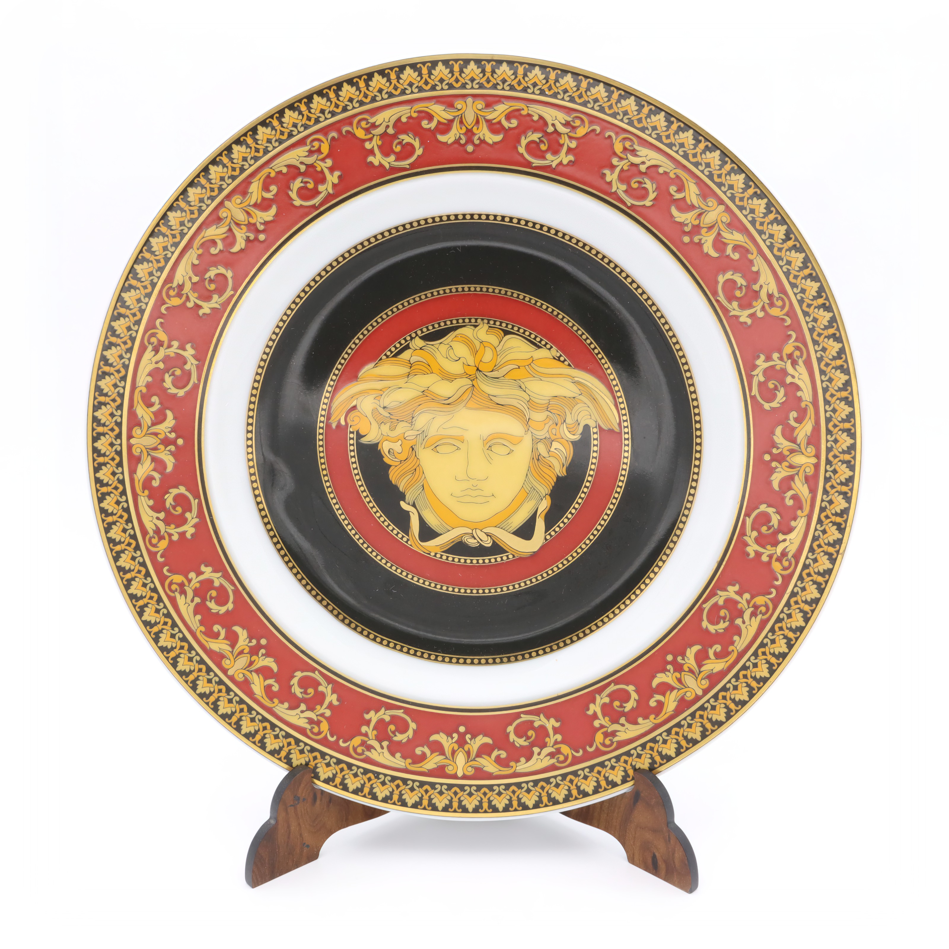 Versace Decor Plate by Rosenthal Luxury Medusa Design Versace Decor Plate by Rosenthal featuring Medusa head, luxury porcelain dinnerware with red, black, and gold ornate detailing
