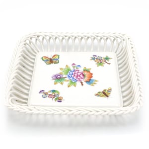 Herend Queen Victoria Open Weave Basket - Vintage Porcelain Centerpiece - Hand Painted Floral