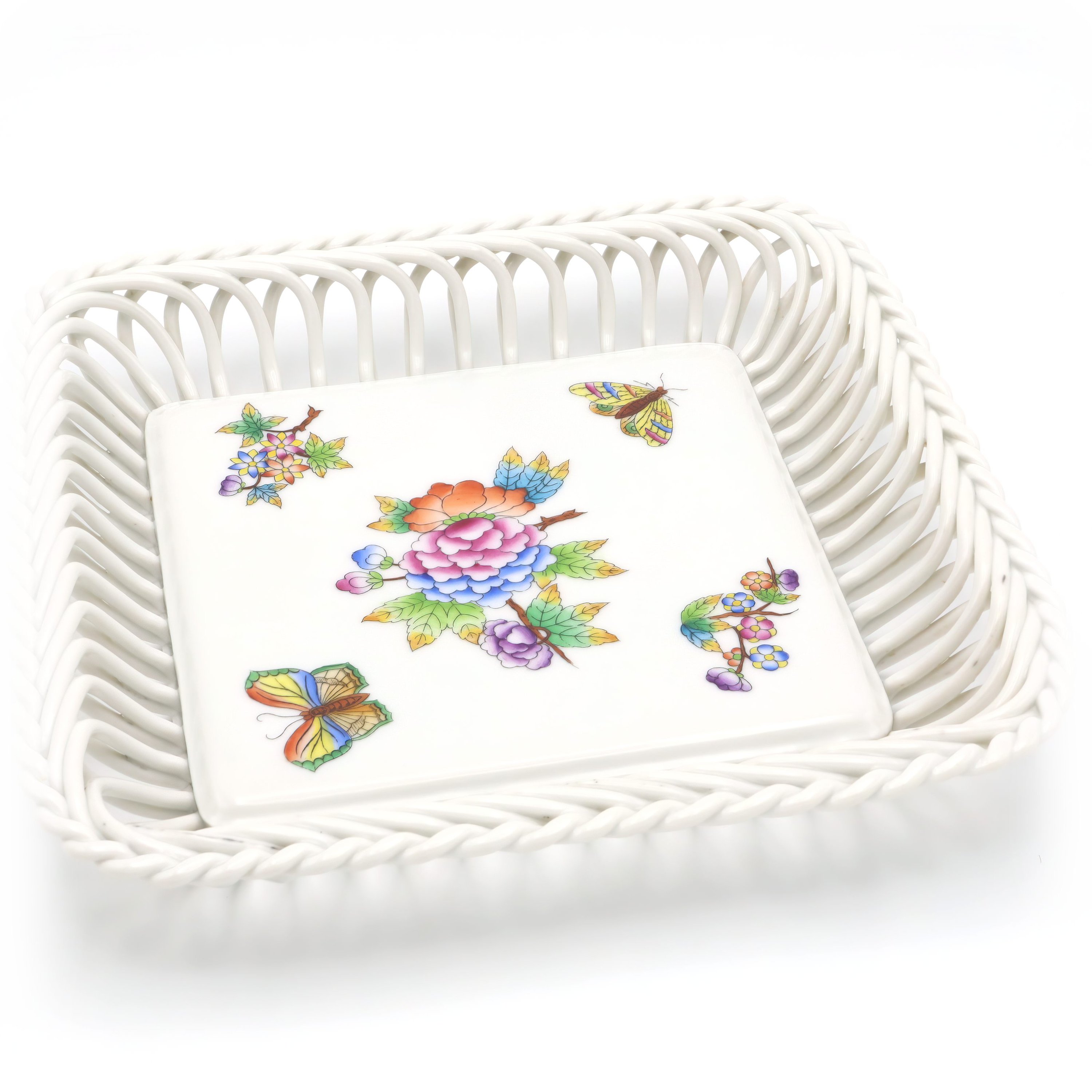 Herend Queen Victoria Open Weave Basket - Vintage Porcelain Centerpiece - Hand Painted Floral