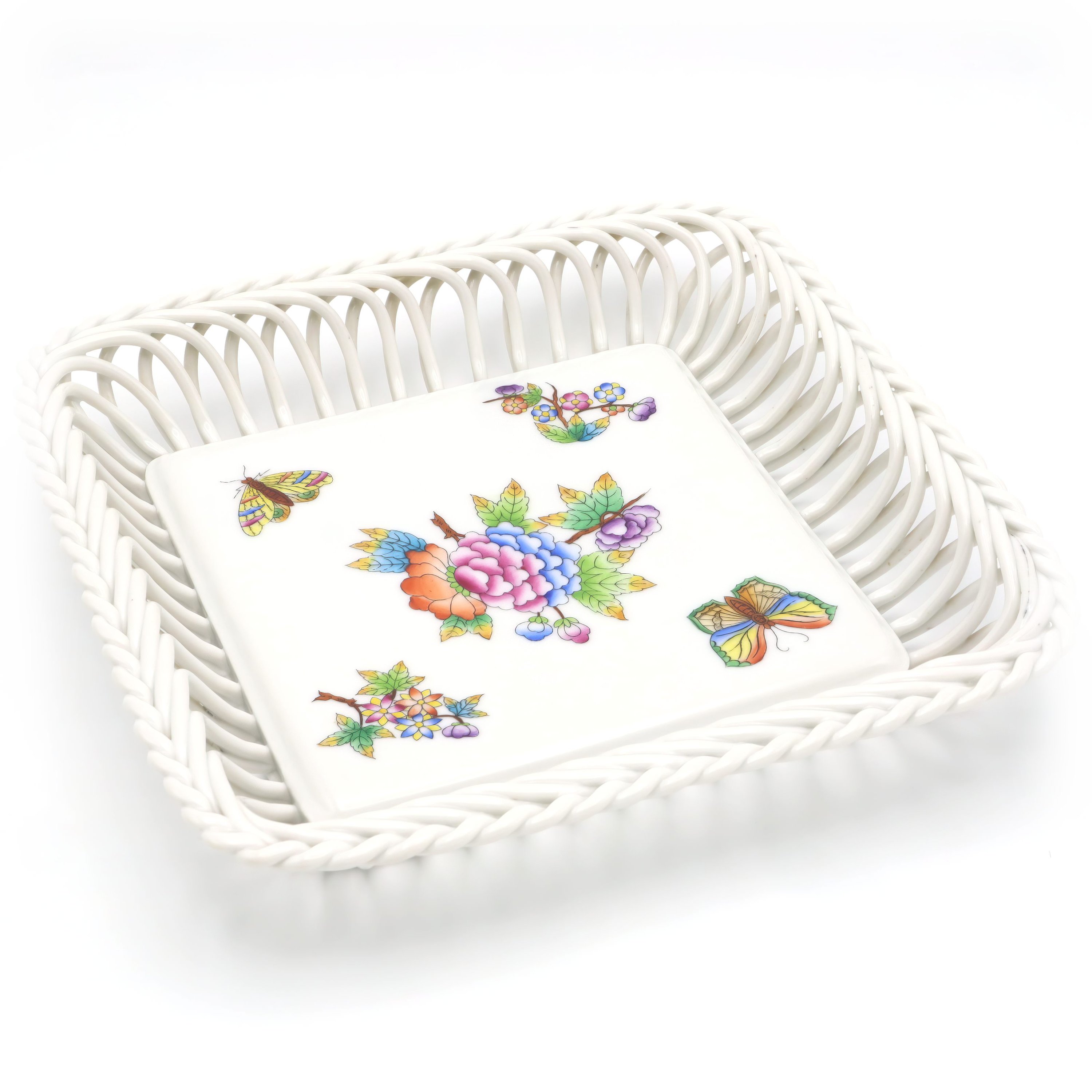 Herend Queen Victoria Open Weave Basket - Vintage Porcelain Centerpiece - Hand Painted Floral