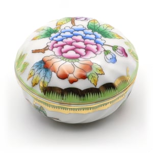 Herend Queen Victoria Trinket Box - Small Round Jewelry Box - Porcelain Keepsake - Hand Painted Vanity Decor - Vintage Gift