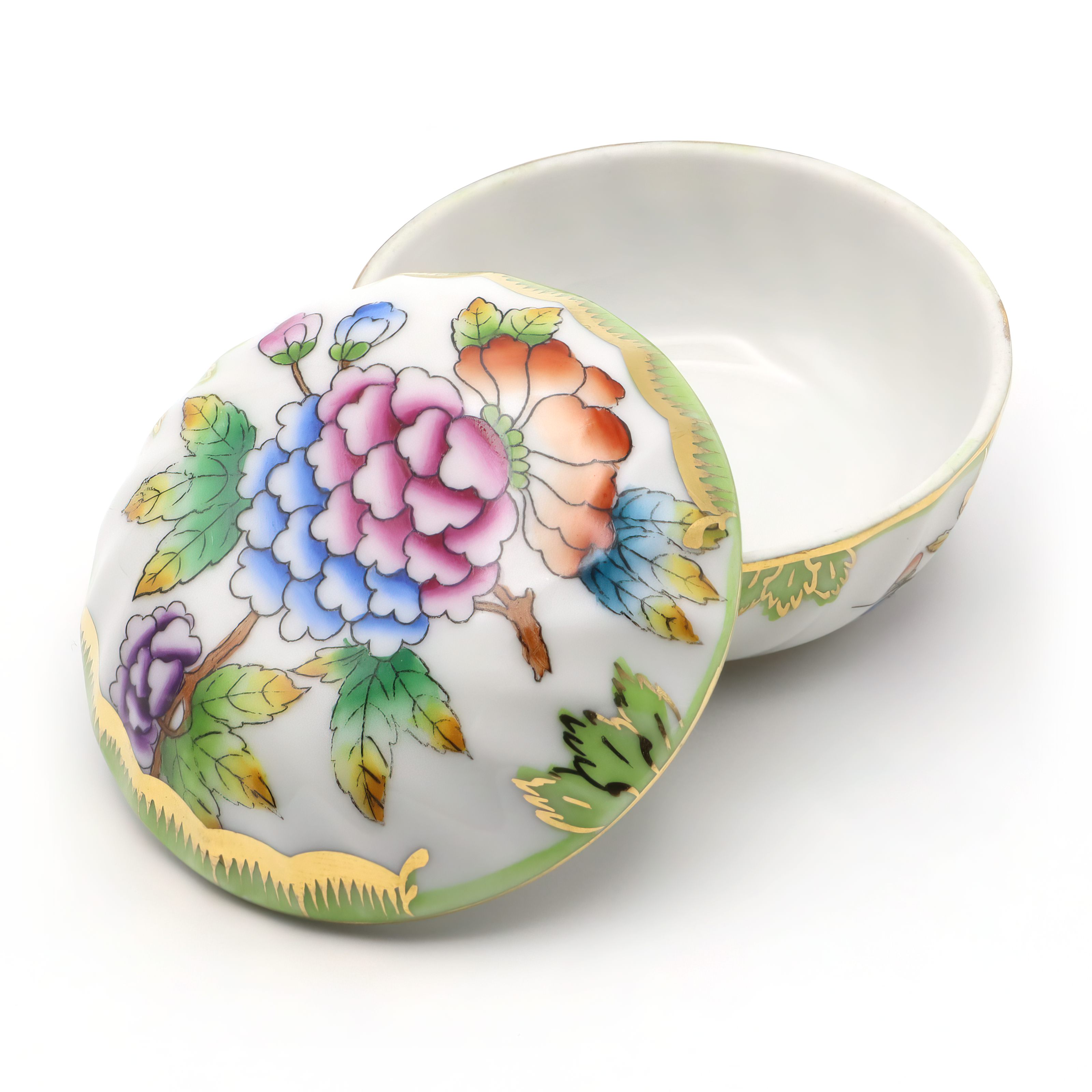 Herend Queen Victoria Trinket Box Detailed View Thumbnail for Herend Queen Victoria Trinket Box - Small Round Jewelry Box - Porcelain Keepsake - Hand Painted Vanity Decor - Vintage Gift