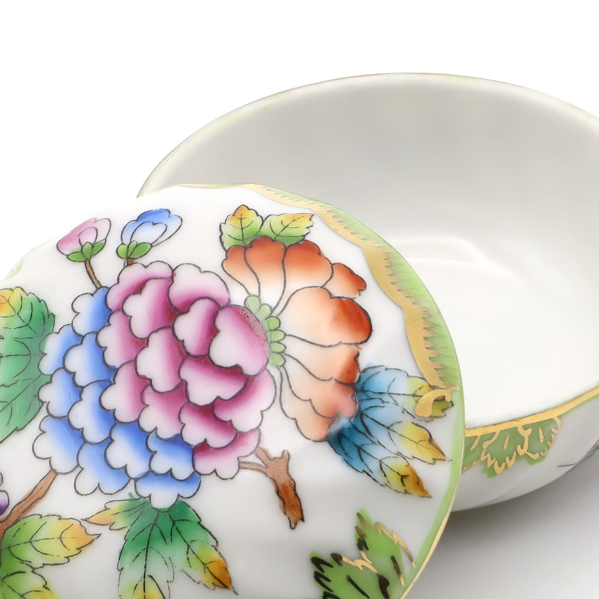 Herend Queen Victoria Trinket Box Detailed View Thumbnail for Herend Queen Victoria Trinket Box - Small Round Jewelry Box - Porcelain Keepsake - Hand Painted Vanity Decor - Vintage Gift