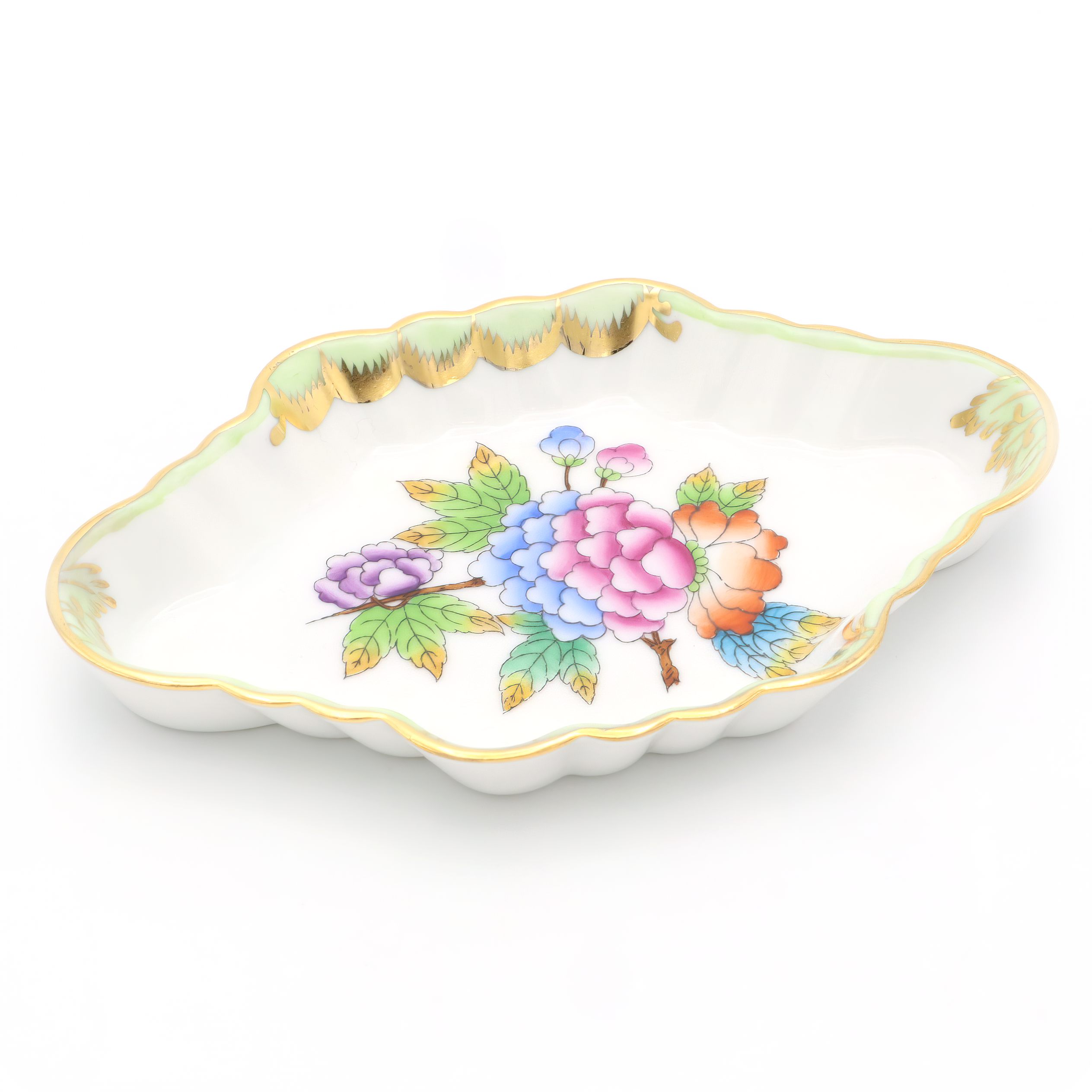 Herend Victoria Pattern Trinket Tray Porcelain Decorative Dish Herend Victoria Pattern trinket tray with hand-painted floral design and gold trim, porcelain decorative dish for jewelry or collectibles