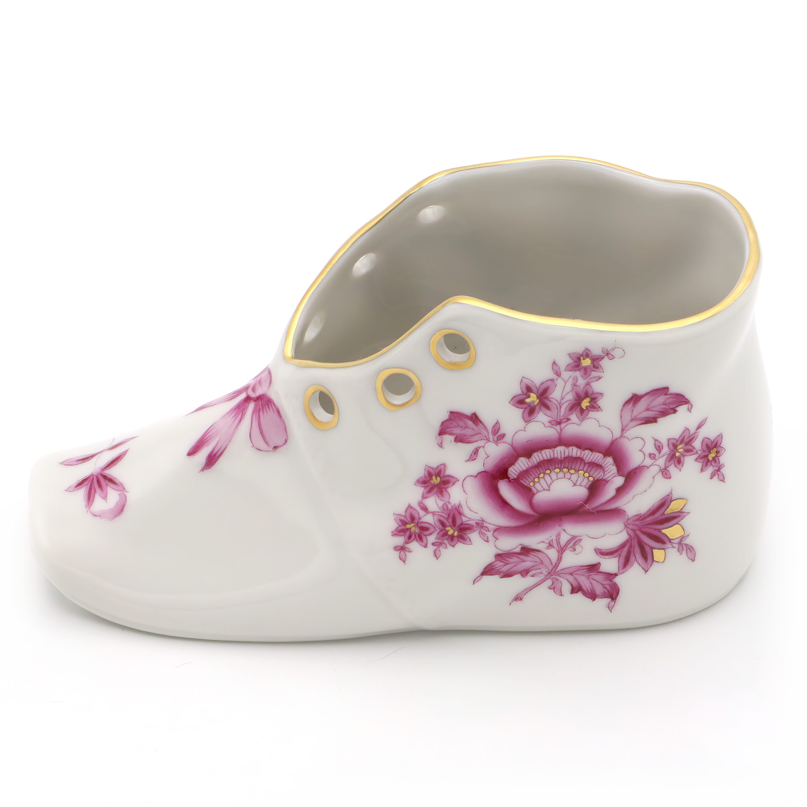 Herend Vintage Porcelain Baby Shoe featuring pink floral pattern and gold trim, collectible decorative item