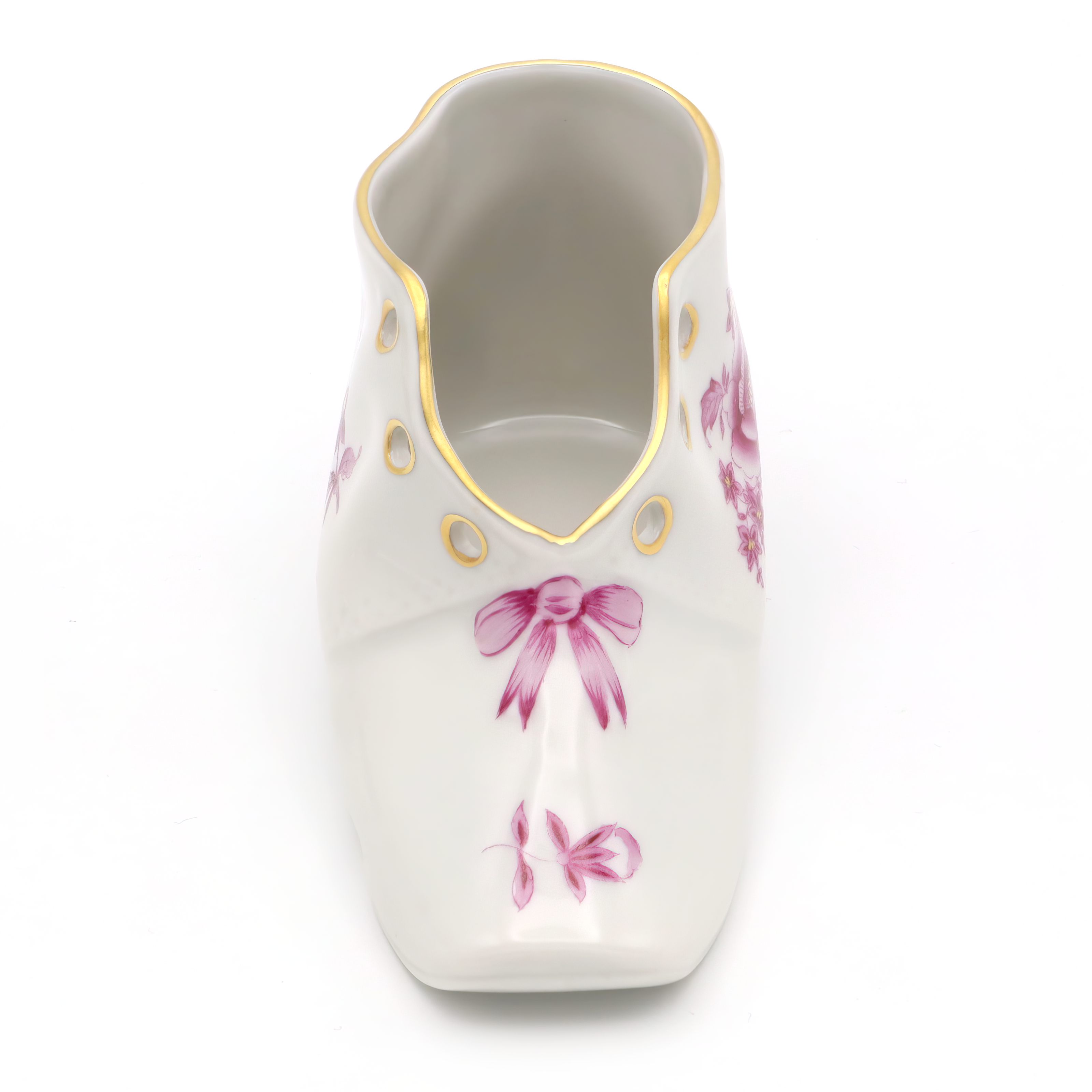 Herend vintage porcelain baby shoe with pink floral and bow design, gold trim, detailed front view