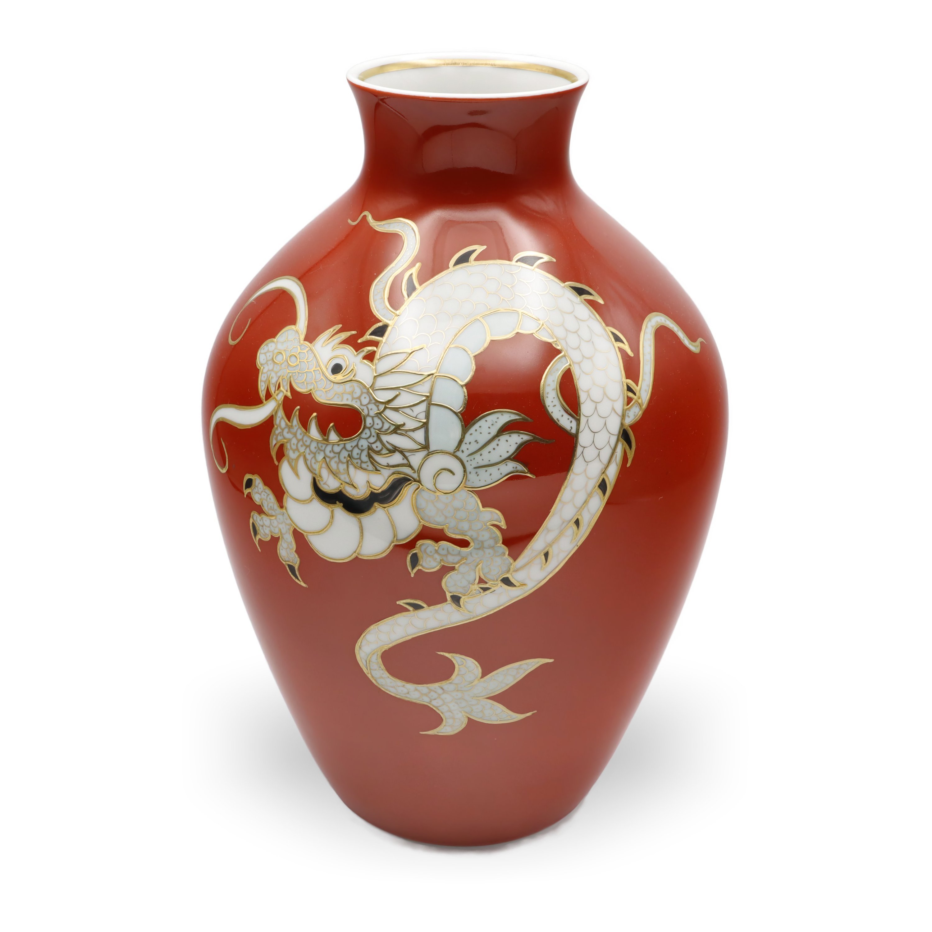 Wallendorf Red Dragon Large Vase - Gold Rim - German Porcelain - Vintage 1950s - Hand Painted - Asian Motif - Collectible