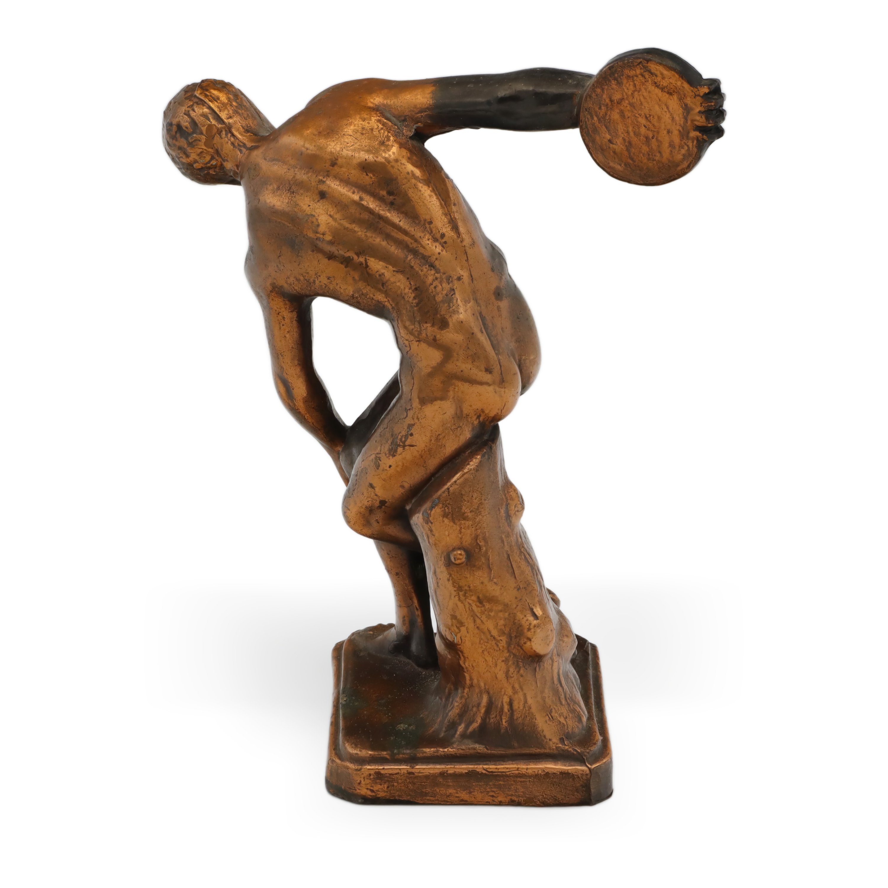 Discobolus Of Myron Red Iron Statue rear view showing detailed classical discus thrower pose and antique patina on collectible iron sculpture