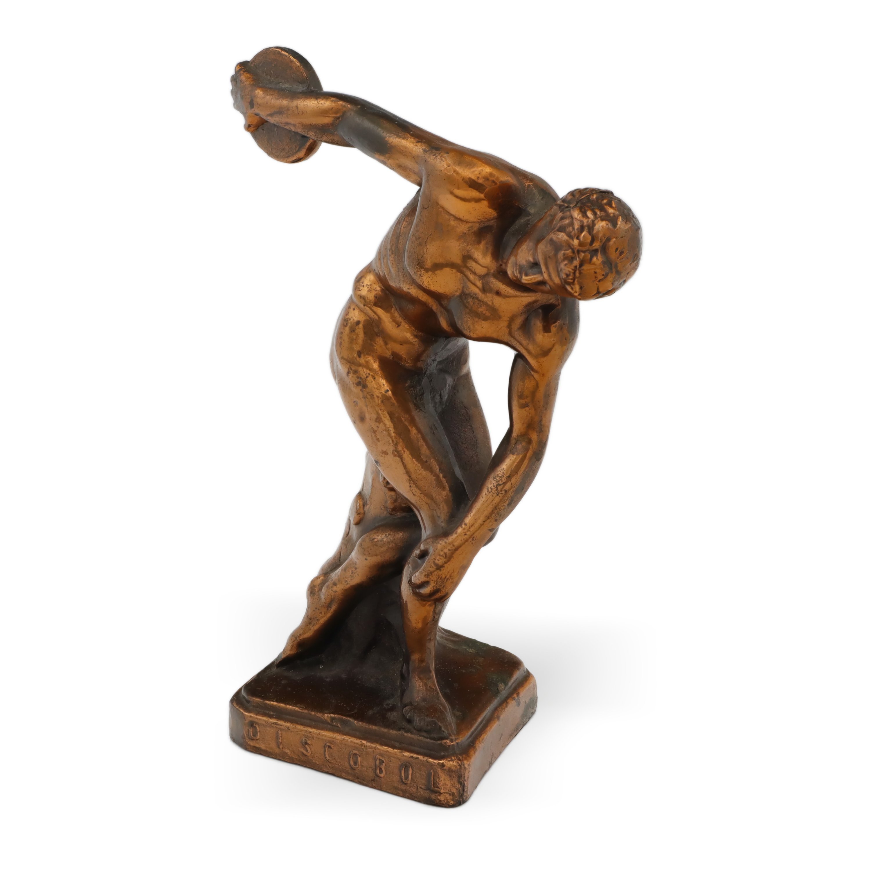 Discobolus Of Myron Red Iron Statue full view showing classical discus thrower pose and antique patina on collectible iron sculpture