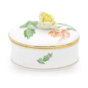 Herend Hand Painted Antique Trinket Box With Rose Handle - Hungarian Porcelain Jewelry Box - Victorian Keepsake Collectible