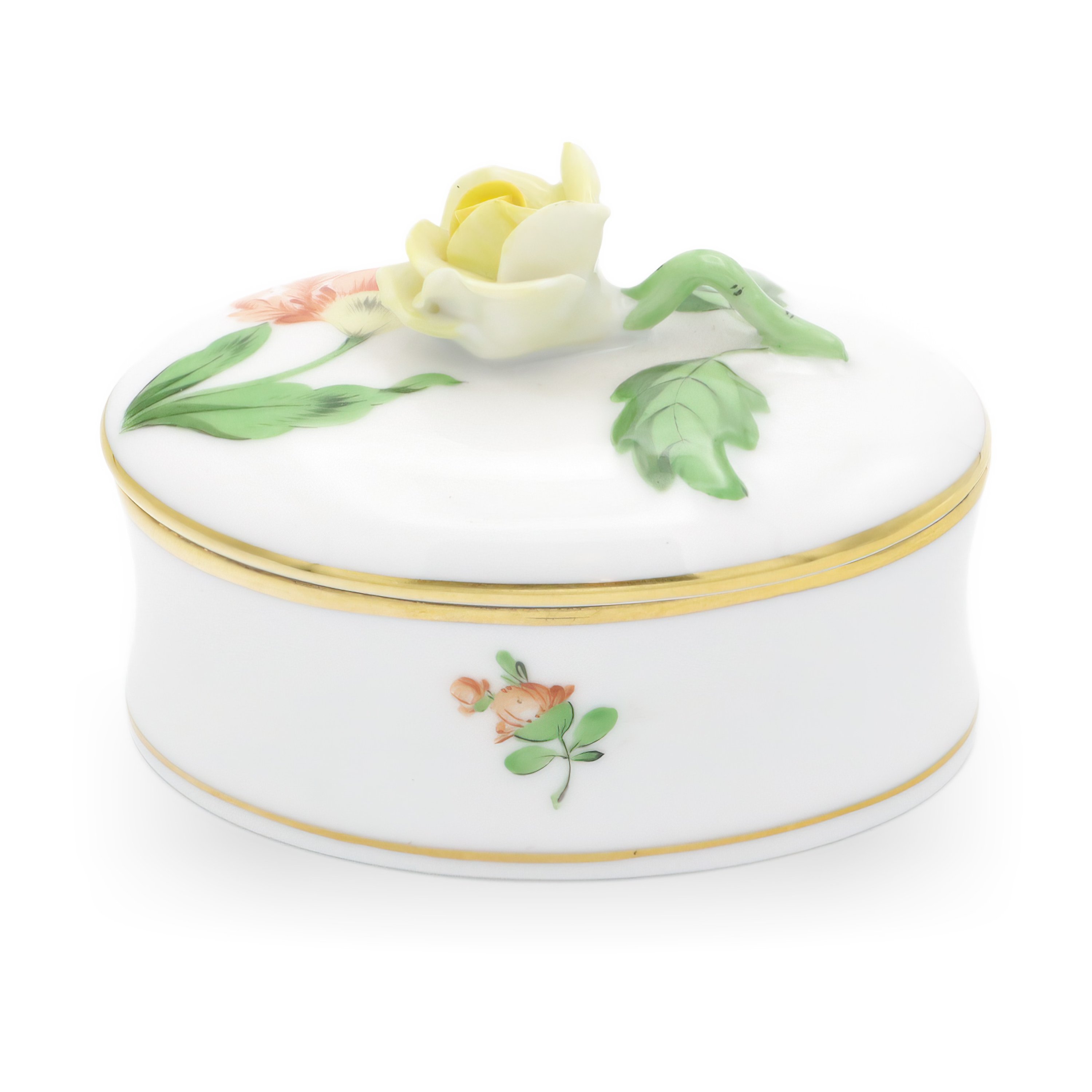 Herend Hand Painted Antique Trinket Box With Rose Handle - Hungarian Porcelain Jewelry Box - Victorian Keepsake Collectible