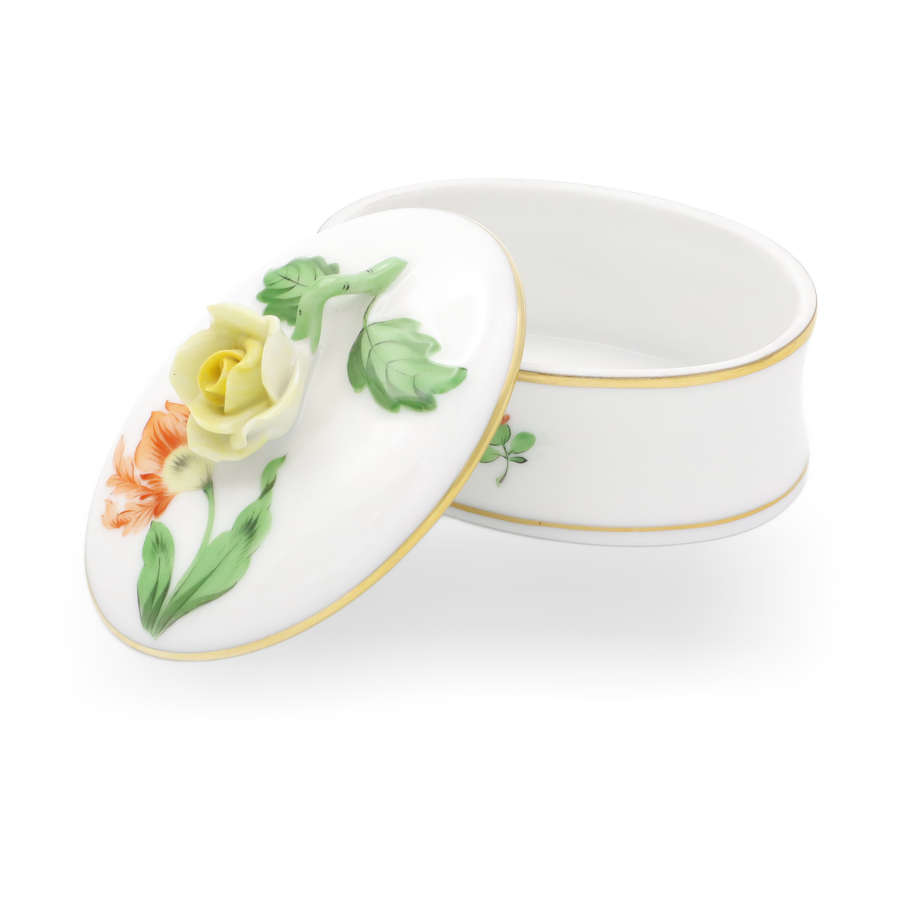 Herend Hand Painted Antique Trinket Box With Rose Handle - Hungarian Porcelain Jewelry Box - Victorian Keepsake Collectible