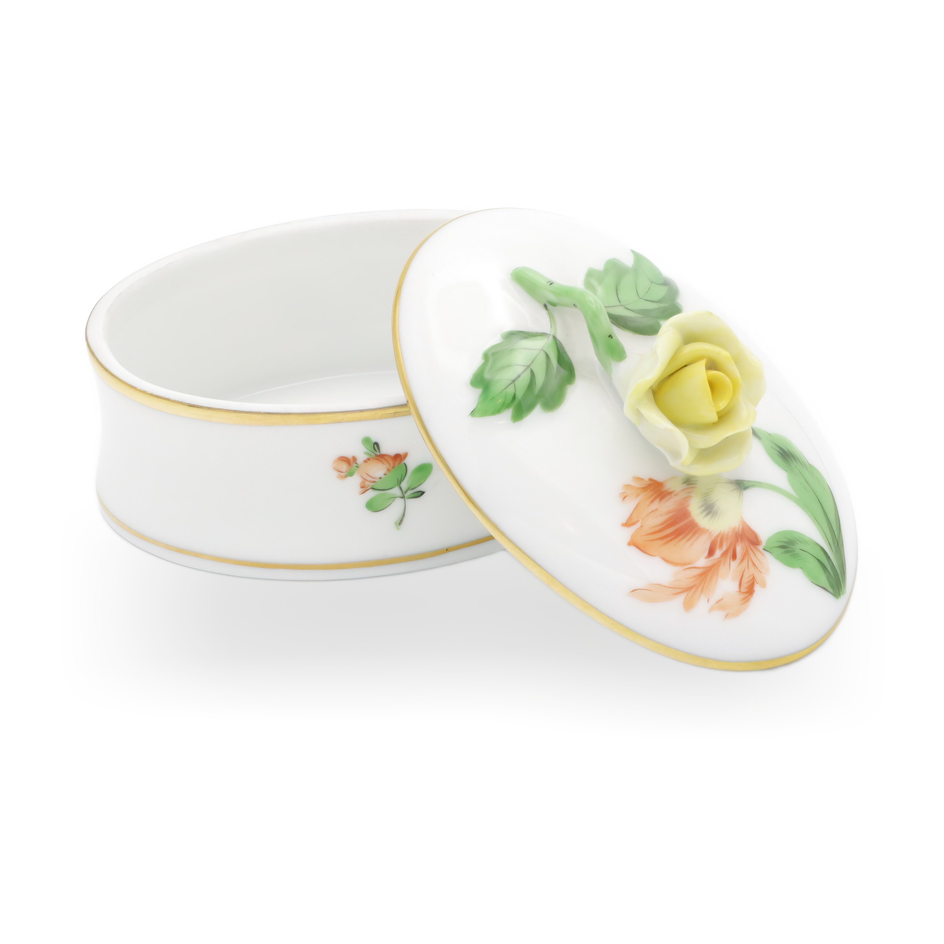 Herend Hand Painted Antique Trinket Box With Rose Handle - Hungarian Porcelain Jewelry Box - Victorian Keepsake Collectible