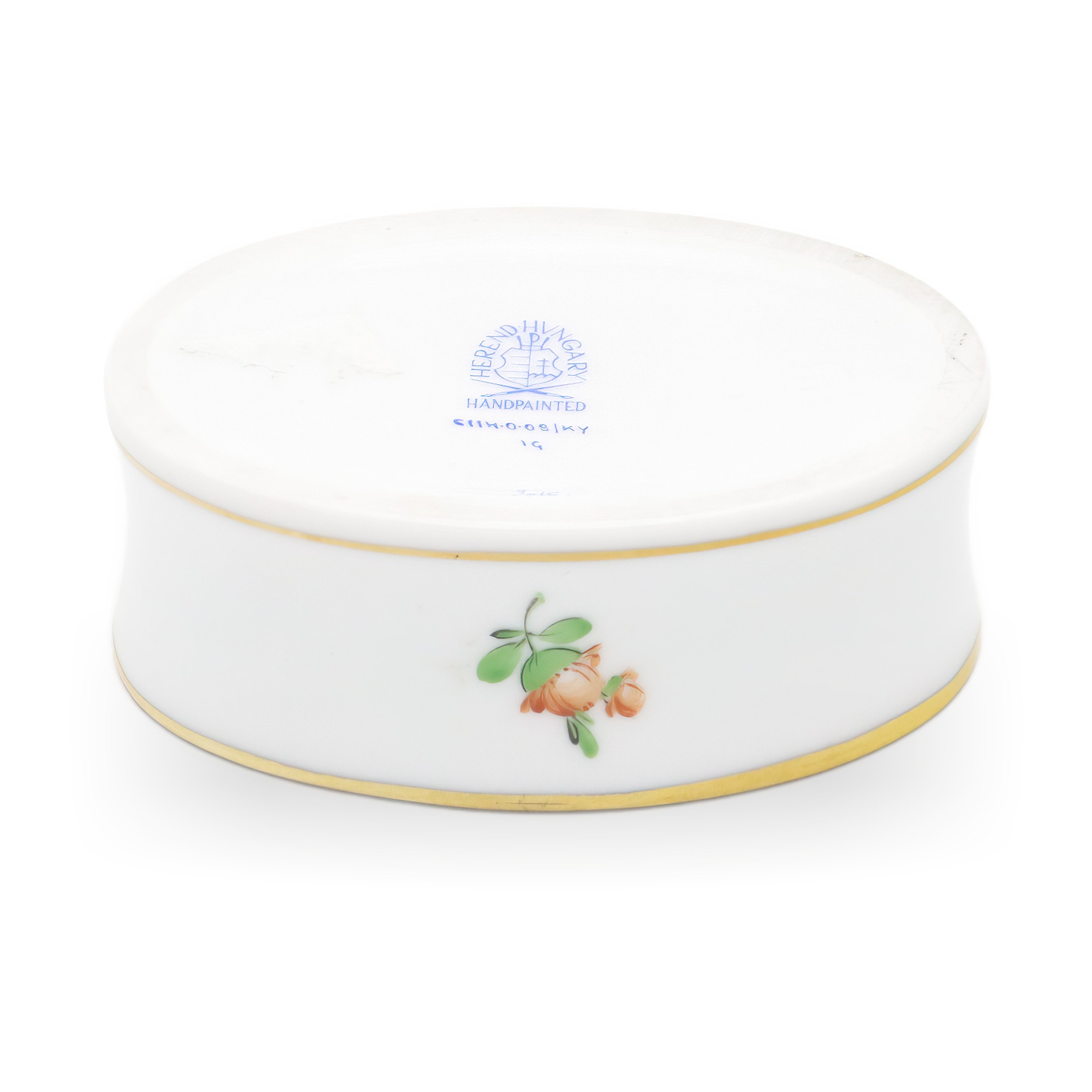 Herend Hand Painted Antique Trinket Box With Rose Handle - Hungarian Porcelain Jewelry Box - Victorian Keepsake Collectible