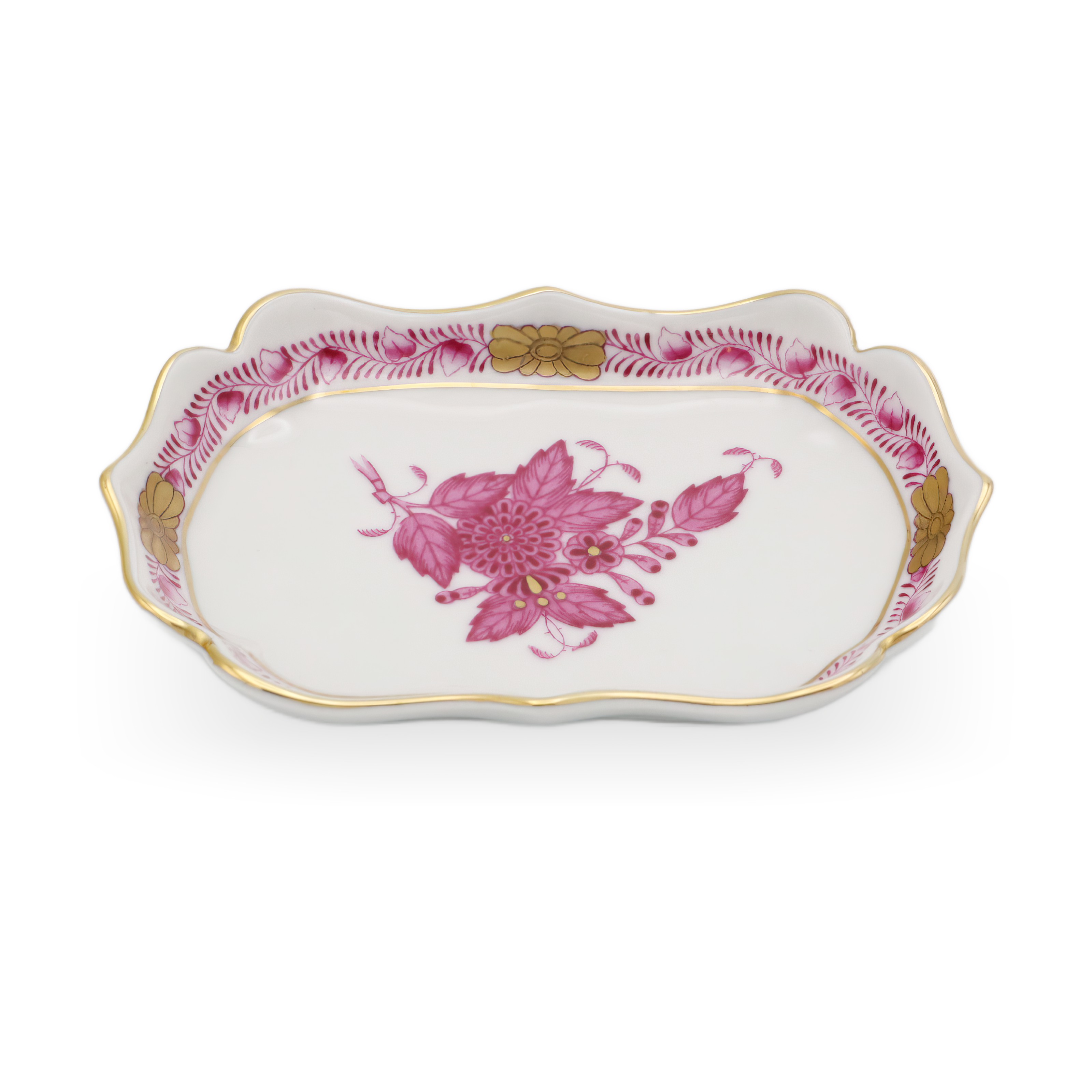Herend Porcelain Chinese Bouquet Pur Pur Trinket Tray Vintage Scalloped Edge Herend Porcelain Chinese Bouquet Pur Pur trinket tray vintage with pink floral design and gold trim, elegant scalloped edge porcelain dish