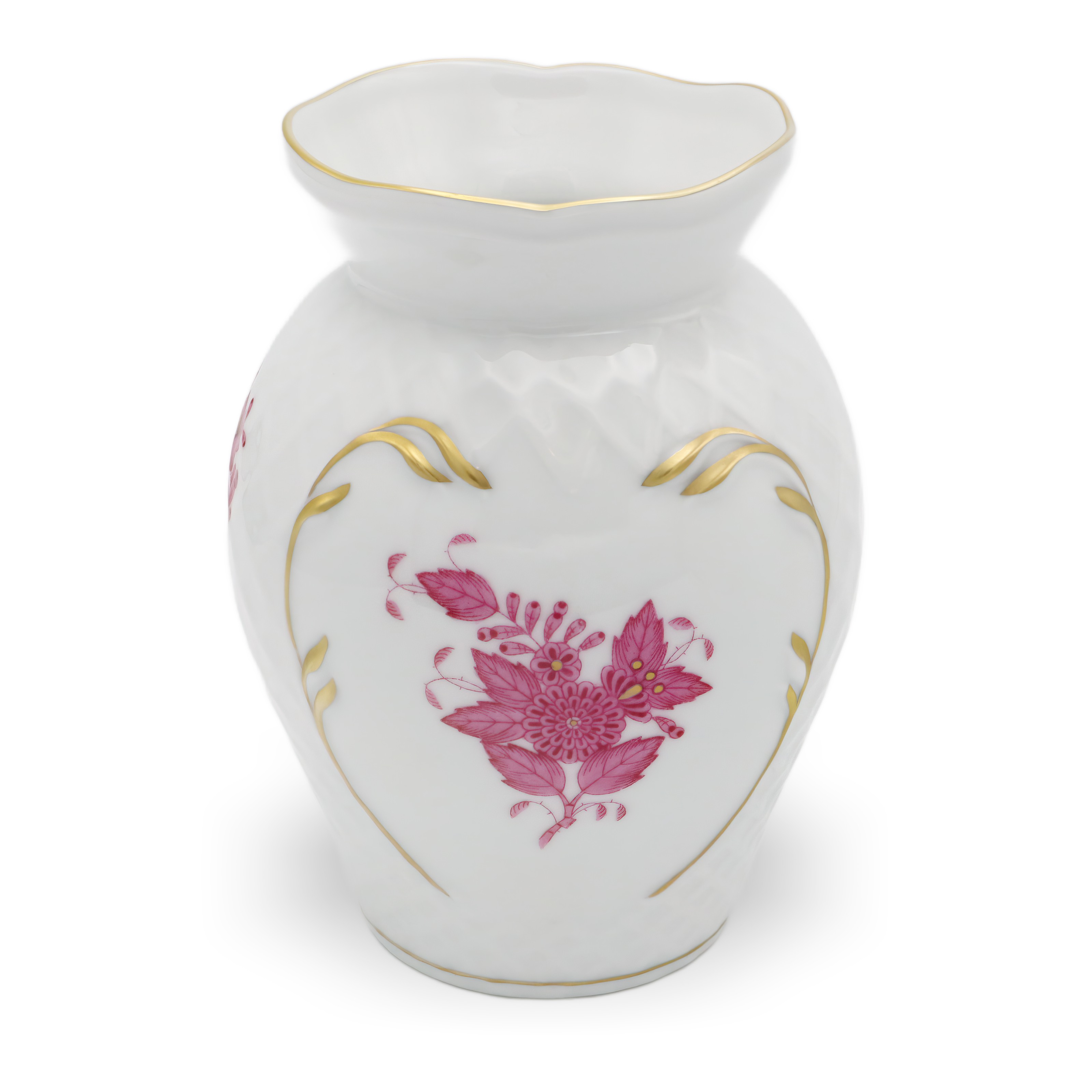 Herend Porcelain Chinese Bouquet Pur Pur Vintage Vase Detailed View Herend Porcelain Chinese Bouquet Pur Pur vintage vase with pink floral design and gold accents, detailed view