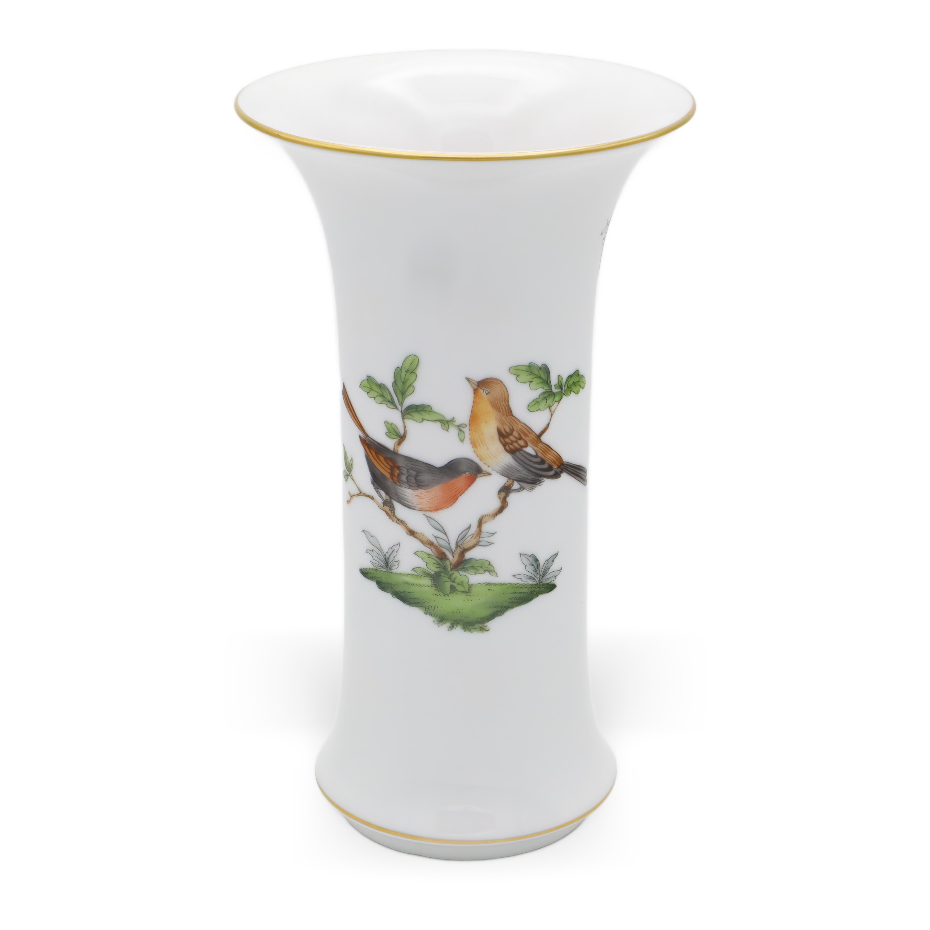 Herend Porcelain Rothschild Vase Full View Herend Porcelain Rothschild vase full view featuring hand painted birds, green foliage, and gold rim on fine porcelain