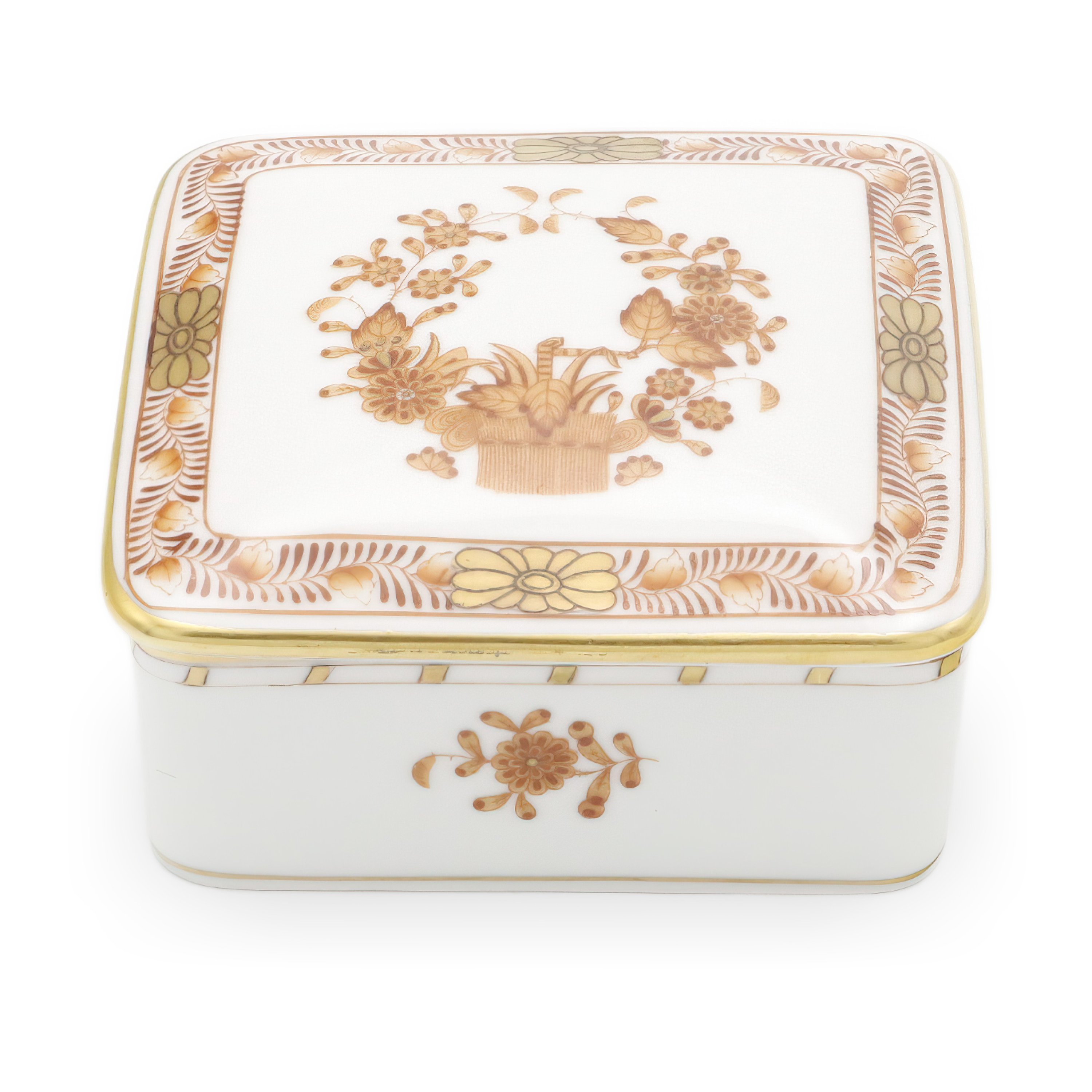 Herend Rust Chinese Bouquet Trinket Box Vintage - Hand Painted Herend Porcelain - Hungary - Antique Keepsake Box