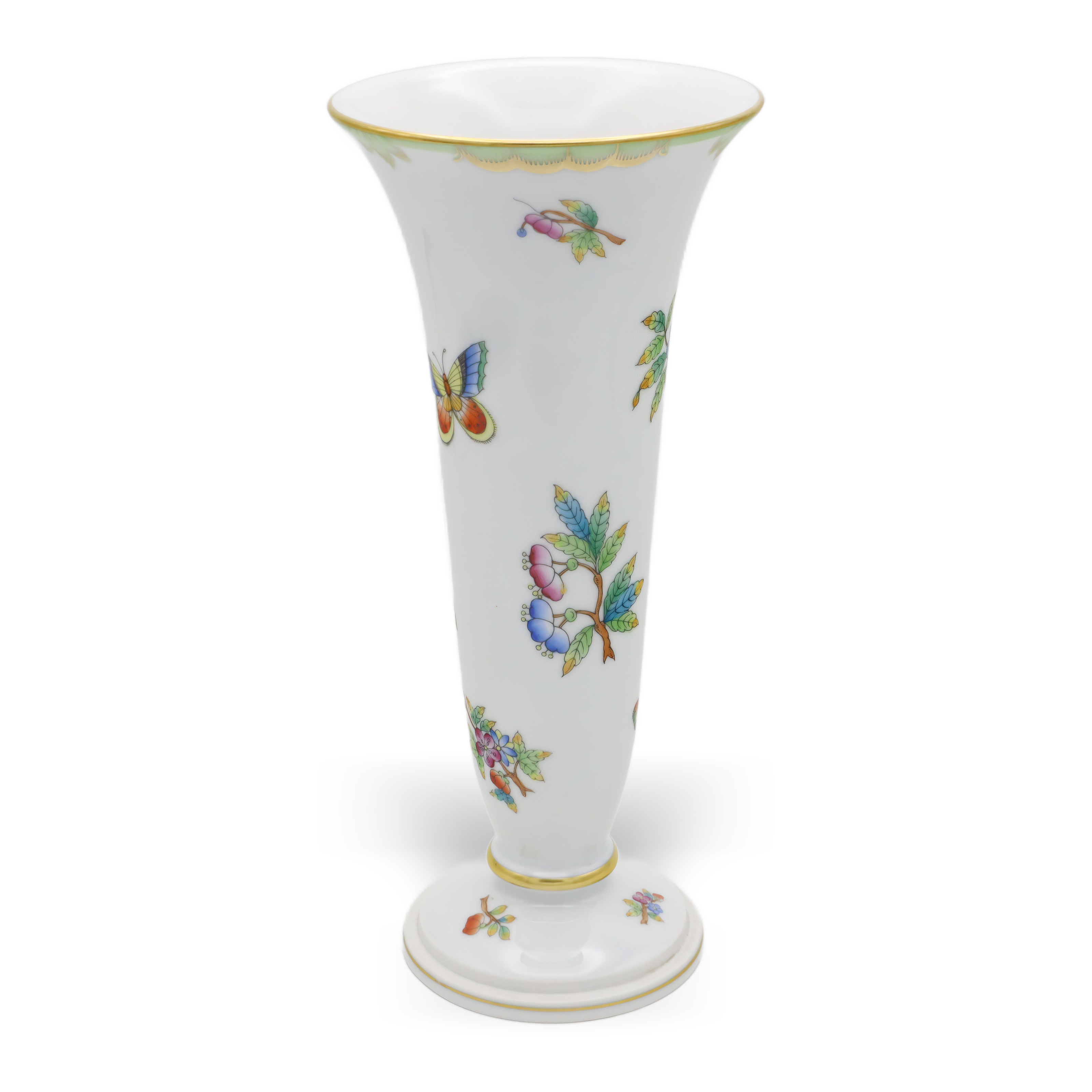 Herend Queen Victoria Trumpet Vase full view with hand-painted floral and butterfly design Thumbnail for Herend Queen Victoria Trumpet Vase - Hand Painted Porcelain - Butterfly Motif