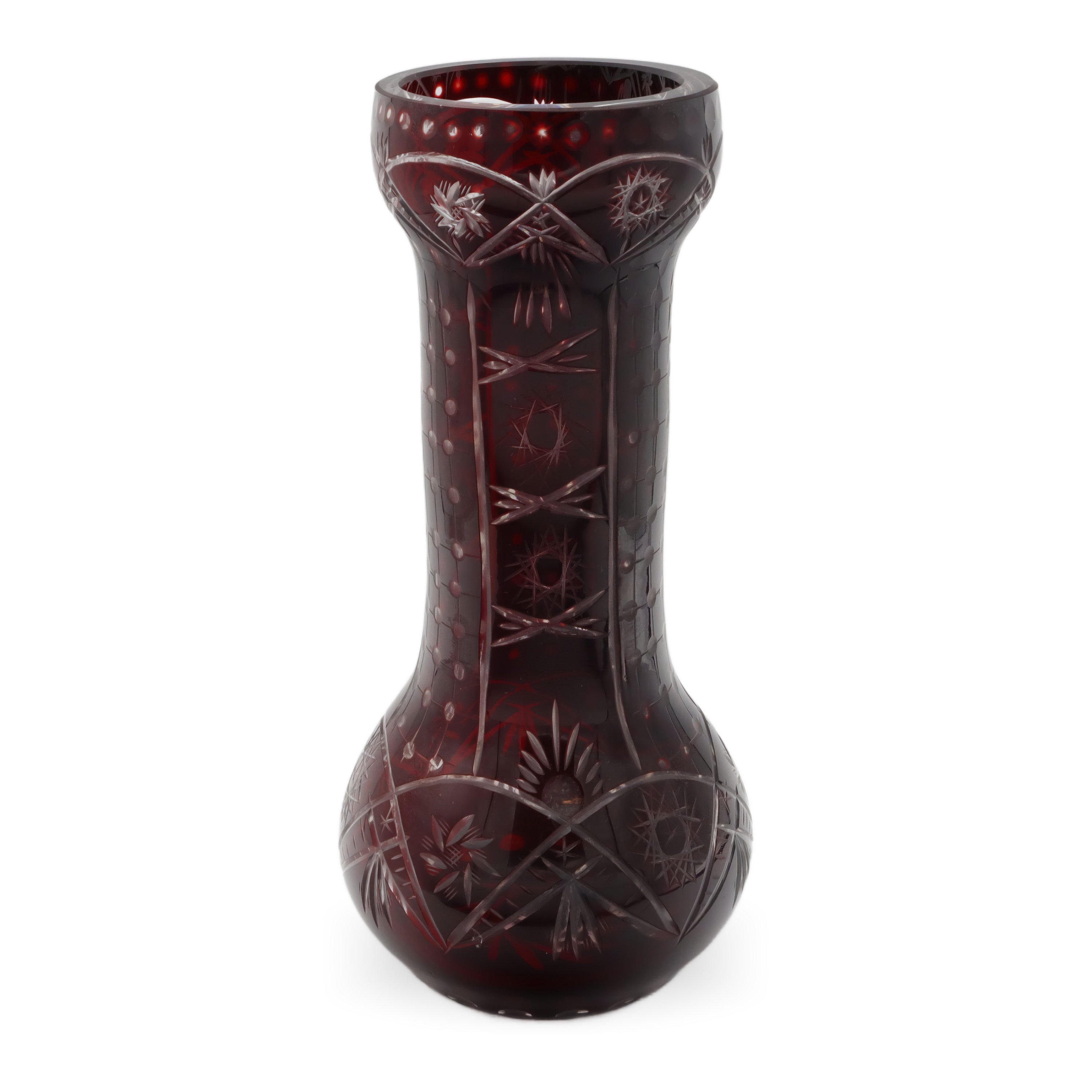 Large Bohemia Crystal Vase Red - Czech Glass Centerpiece - Hand Cut Ruby Overlay - Vintage Art Deco Decor