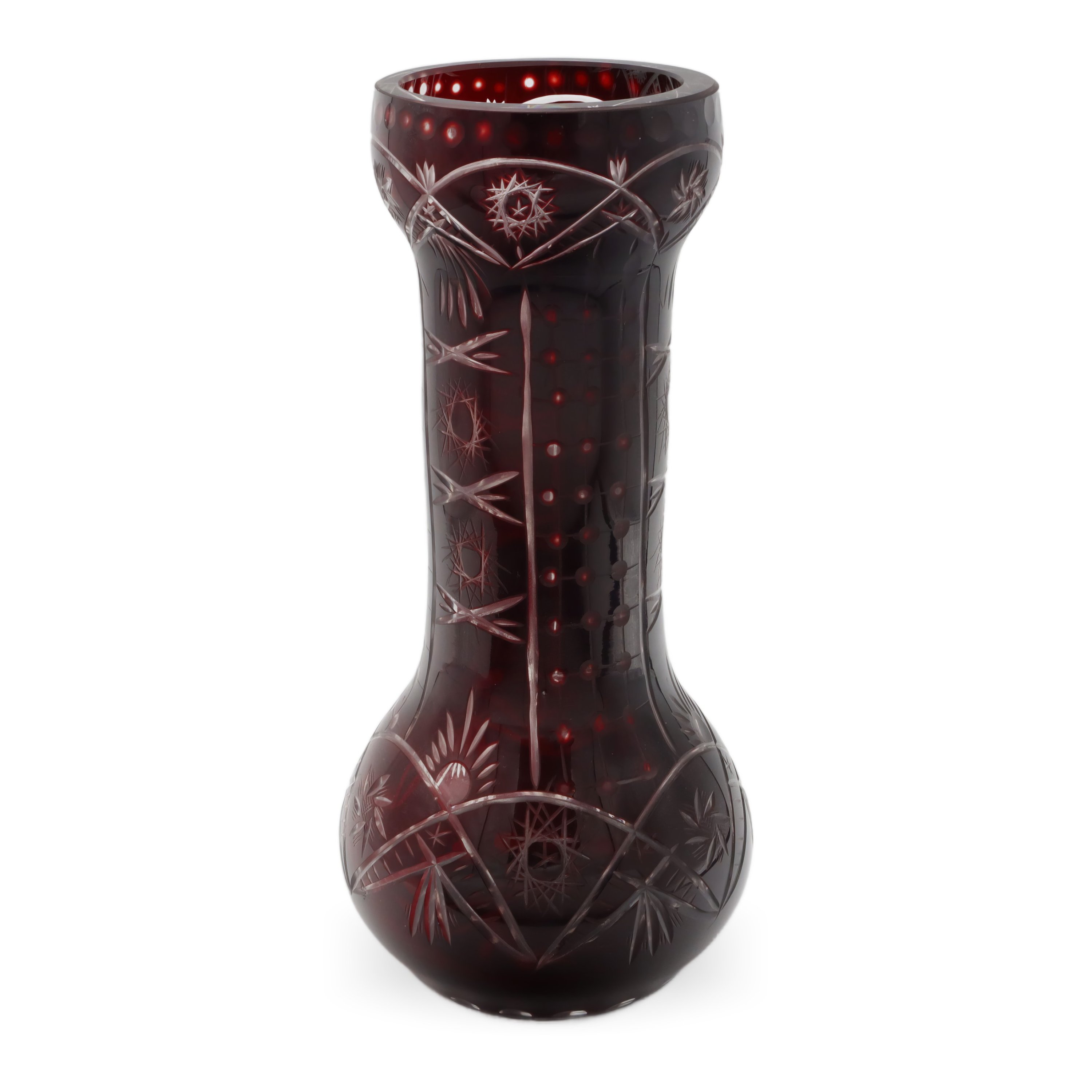 Large Bohemia Crystal Vase Red - Czech Glass Centerpiece - Hand Cut Ruby Overlay - Vintage Art Deco Decor