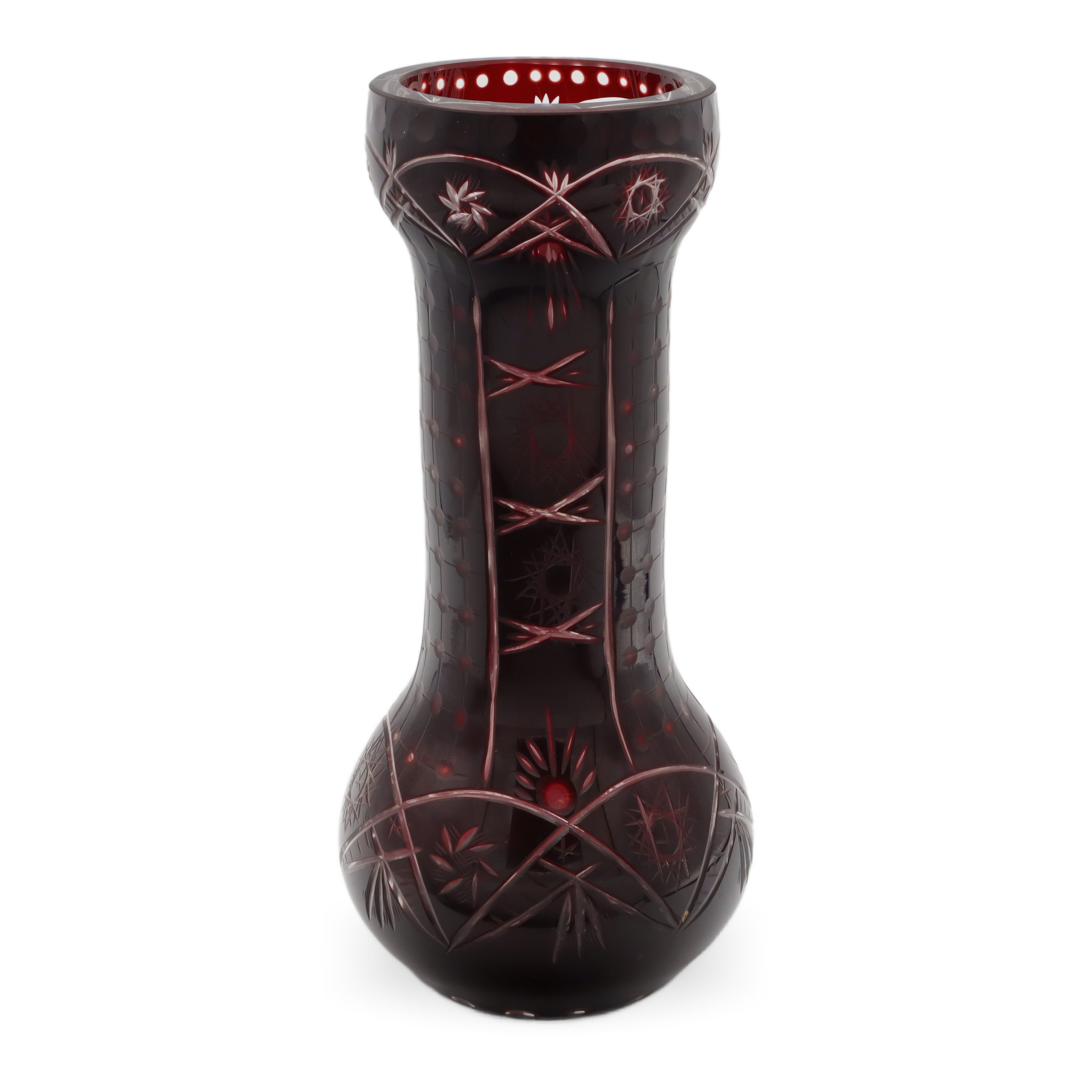 Large Bohemia Crystal Vase Red - Czech Glass Centerpiece - Hand Cut Ruby Overlay - Vintage Art Deco Decor