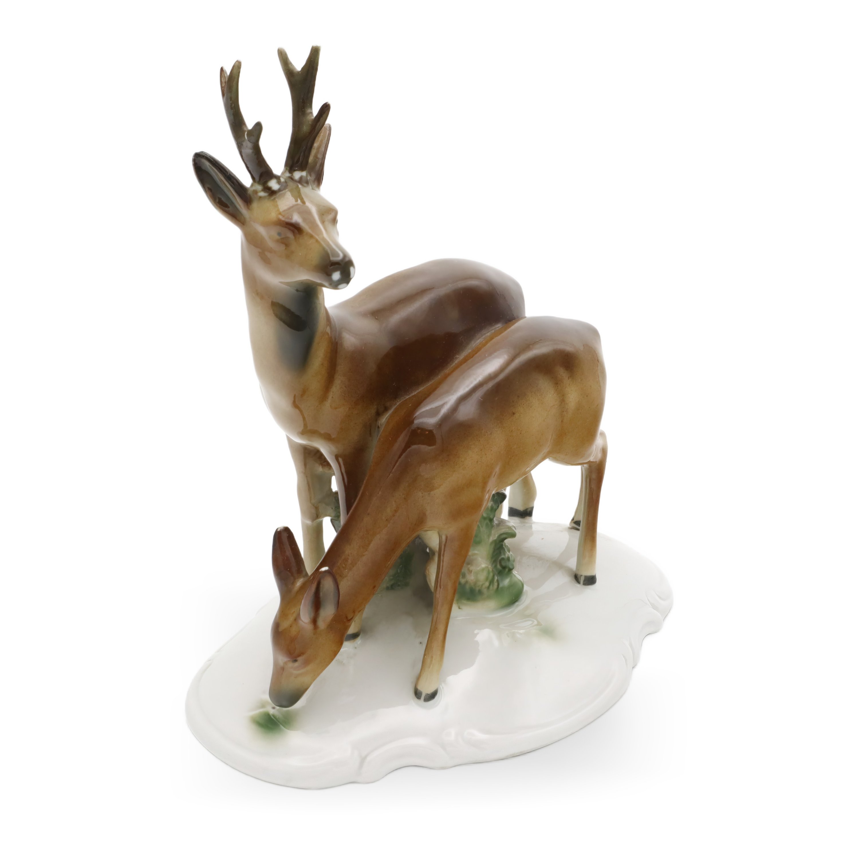 Porcelain Roe And Fawn Hand Painted German - Vintage Schierholz Dresden Figurine - Woodland Deer Statue - Collectible
