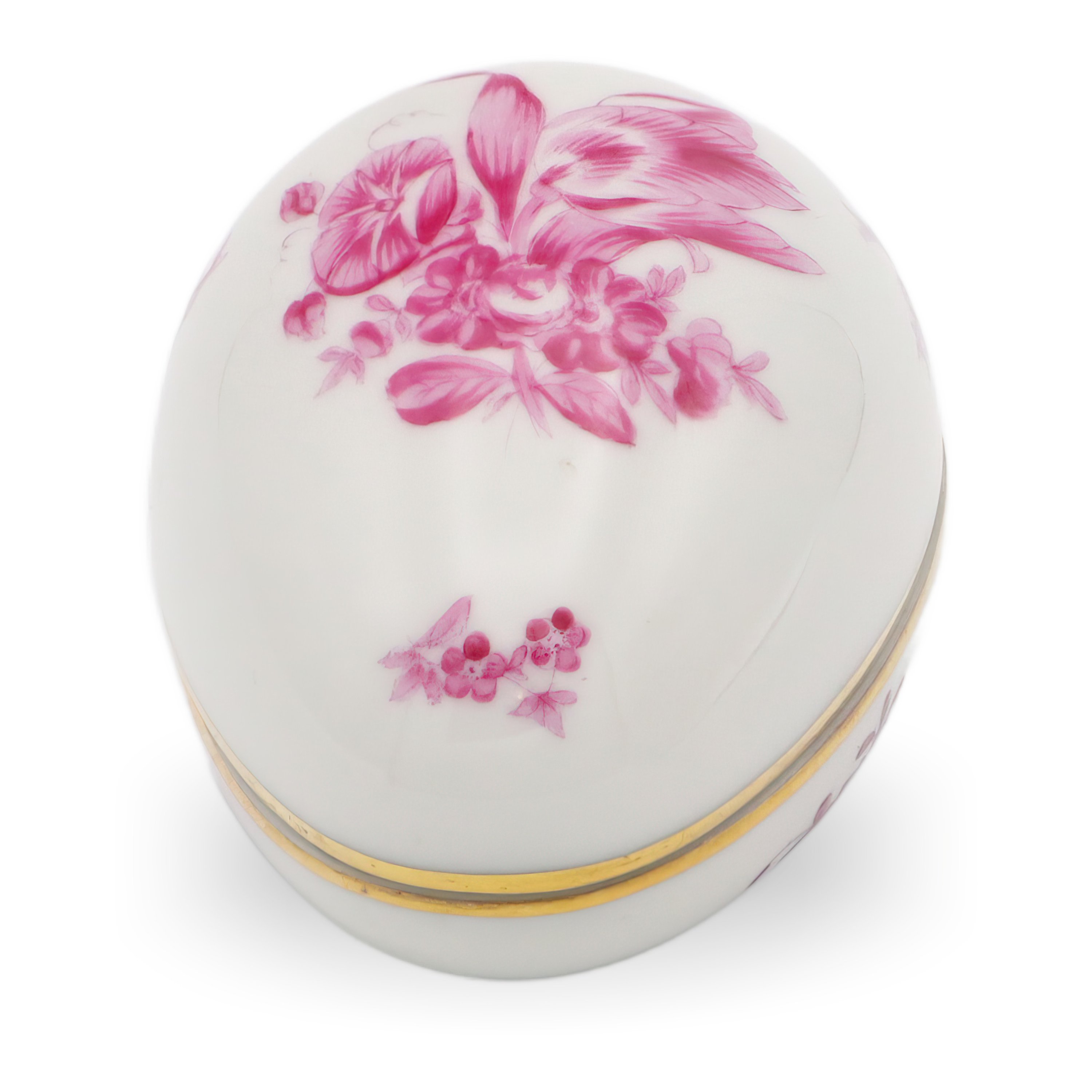 Herend Antique Nanking Rose Egg Shaped Jewelry Box top detailed view showing hand-painted pink floral design and gold trim on fine porcelain collectible
