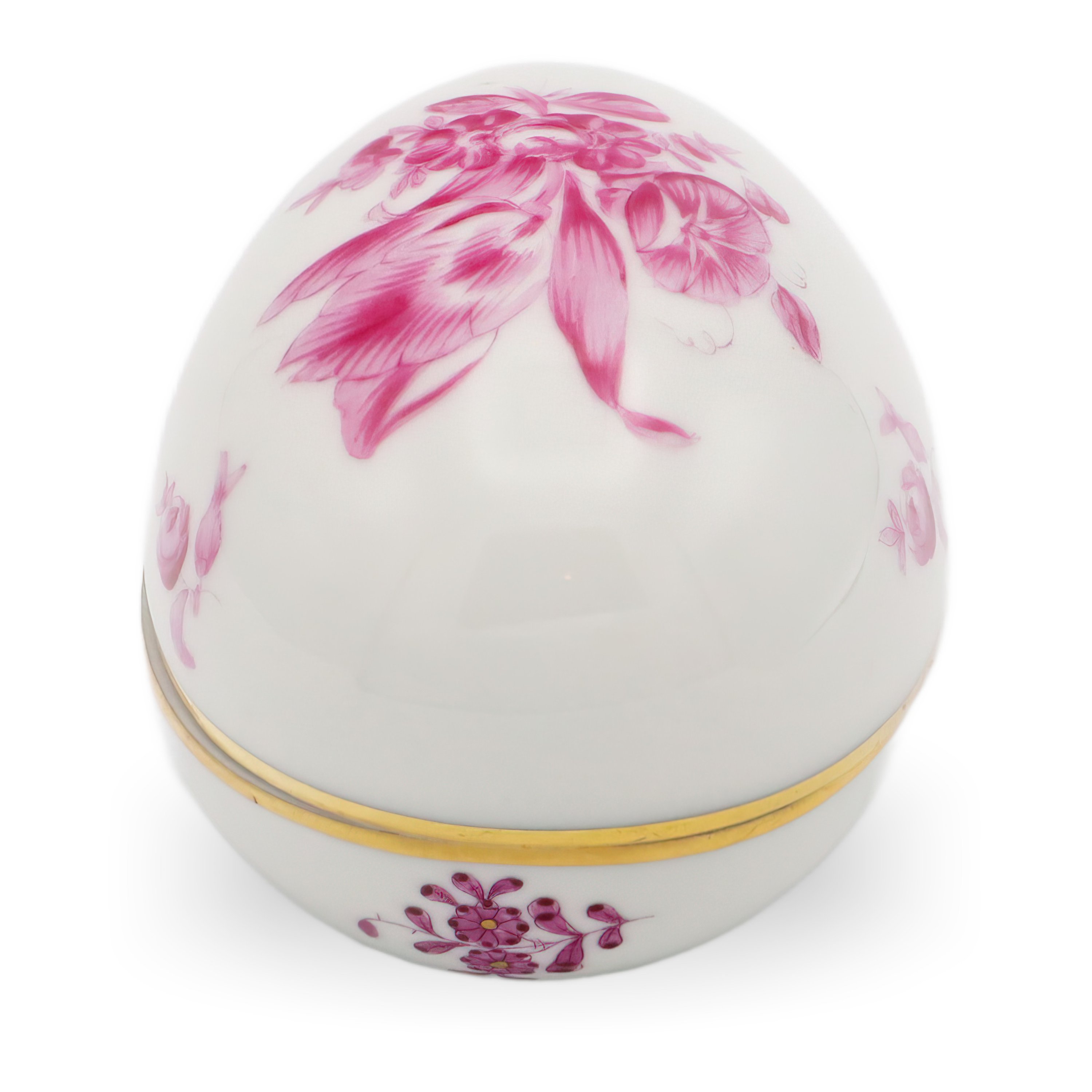 Herend Antique Nanking Rose Egg Shaped Jewelry Box full view featuring hand-painted pink floral design and gold trim on fine porcelain collectible